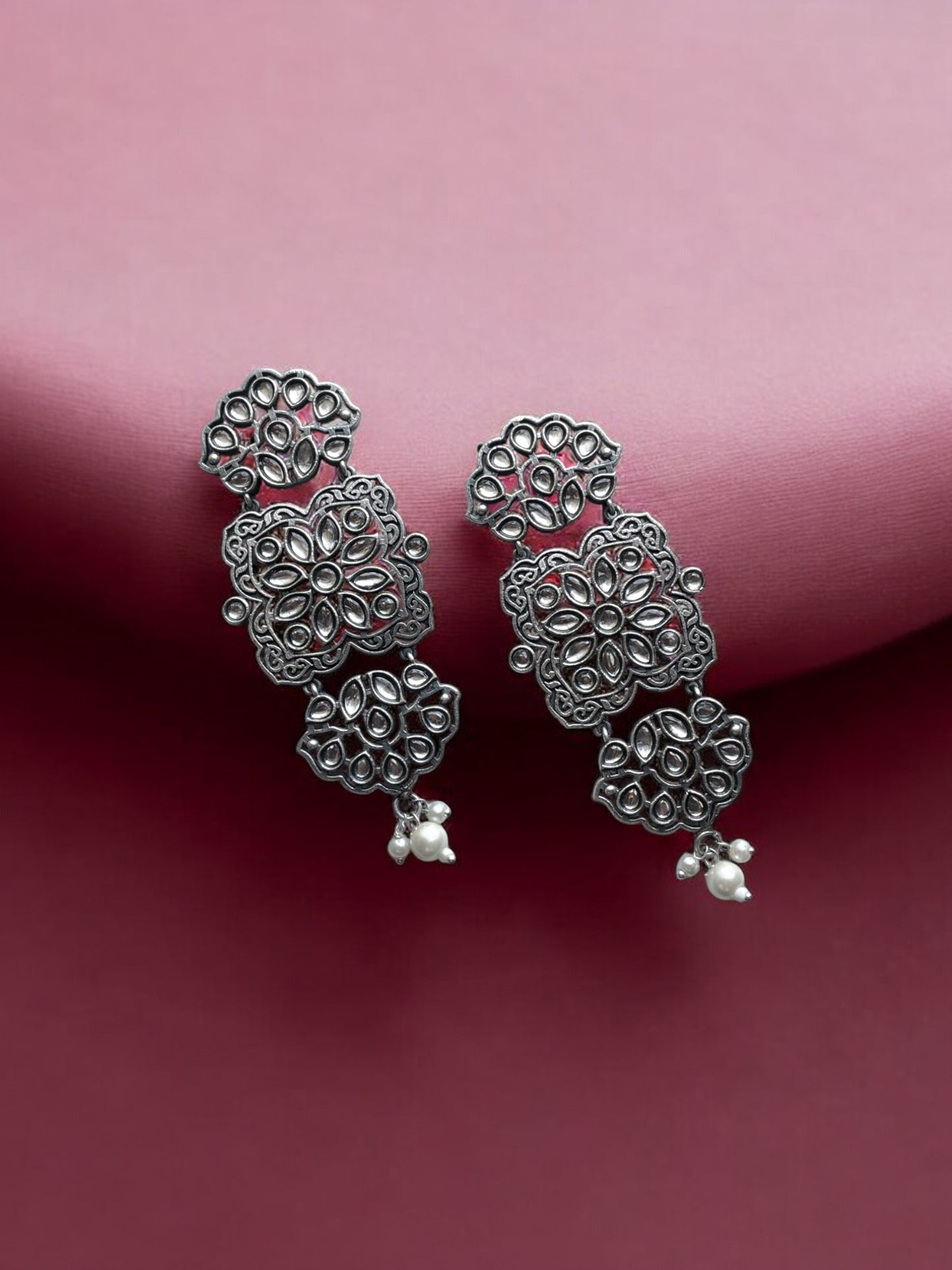 German Silver Stone-Embedded Premium Earrings