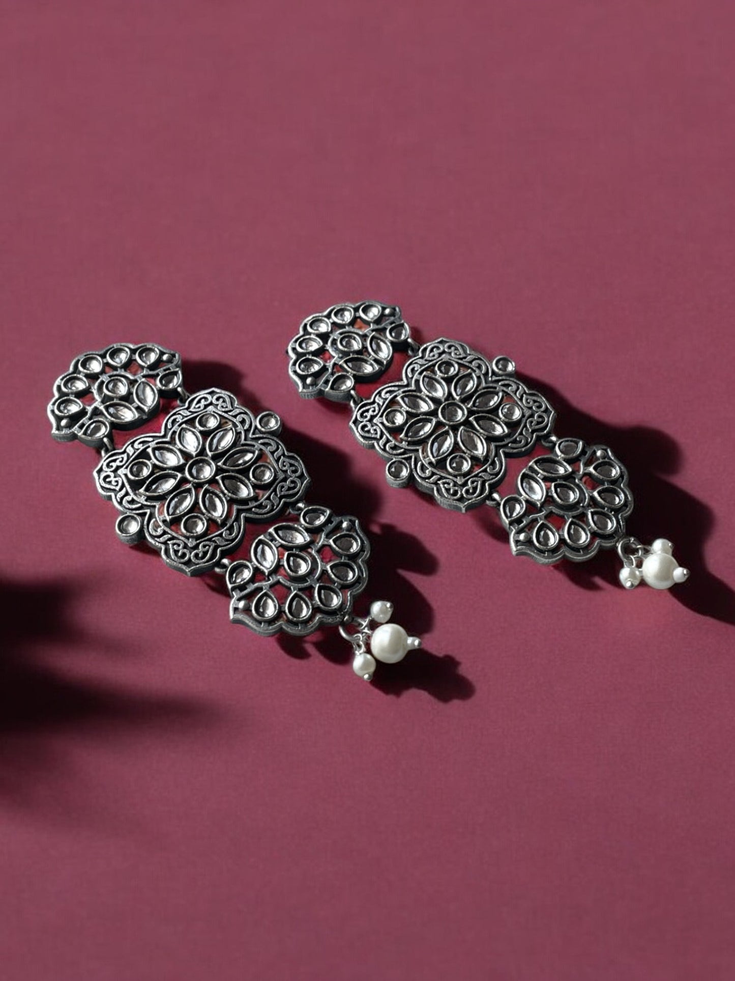 German Silver Stone-Embedded Premium Earrings