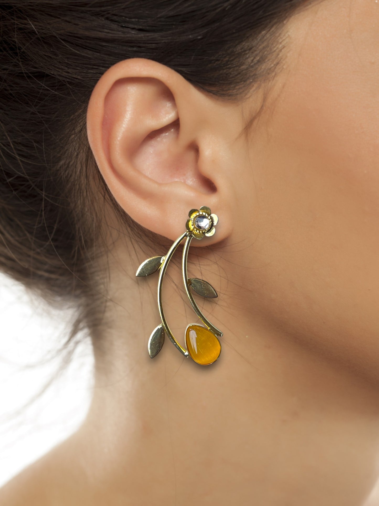 Golden Leaf Earrings with Monalisa Stone Accent