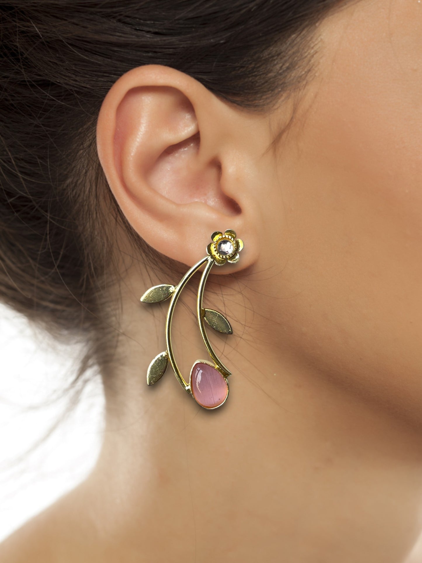 Golden Leaf Earrings with Monalisa Stone Accent