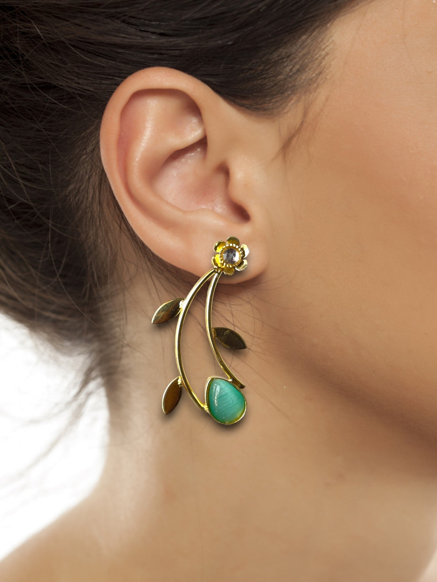 Golden Leaf Earrings with Monalisa Stone Accent