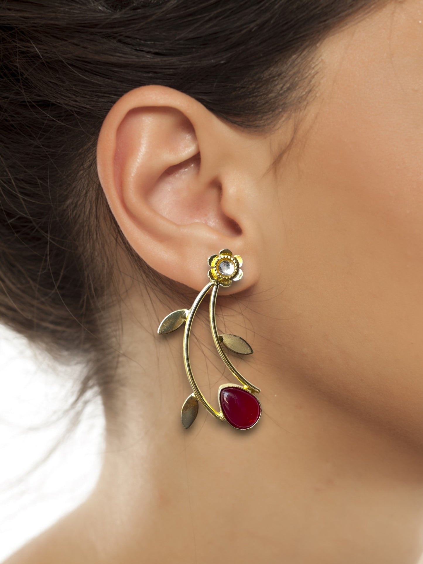 Golden Leaf Earrings with Monalisa Stone Accent