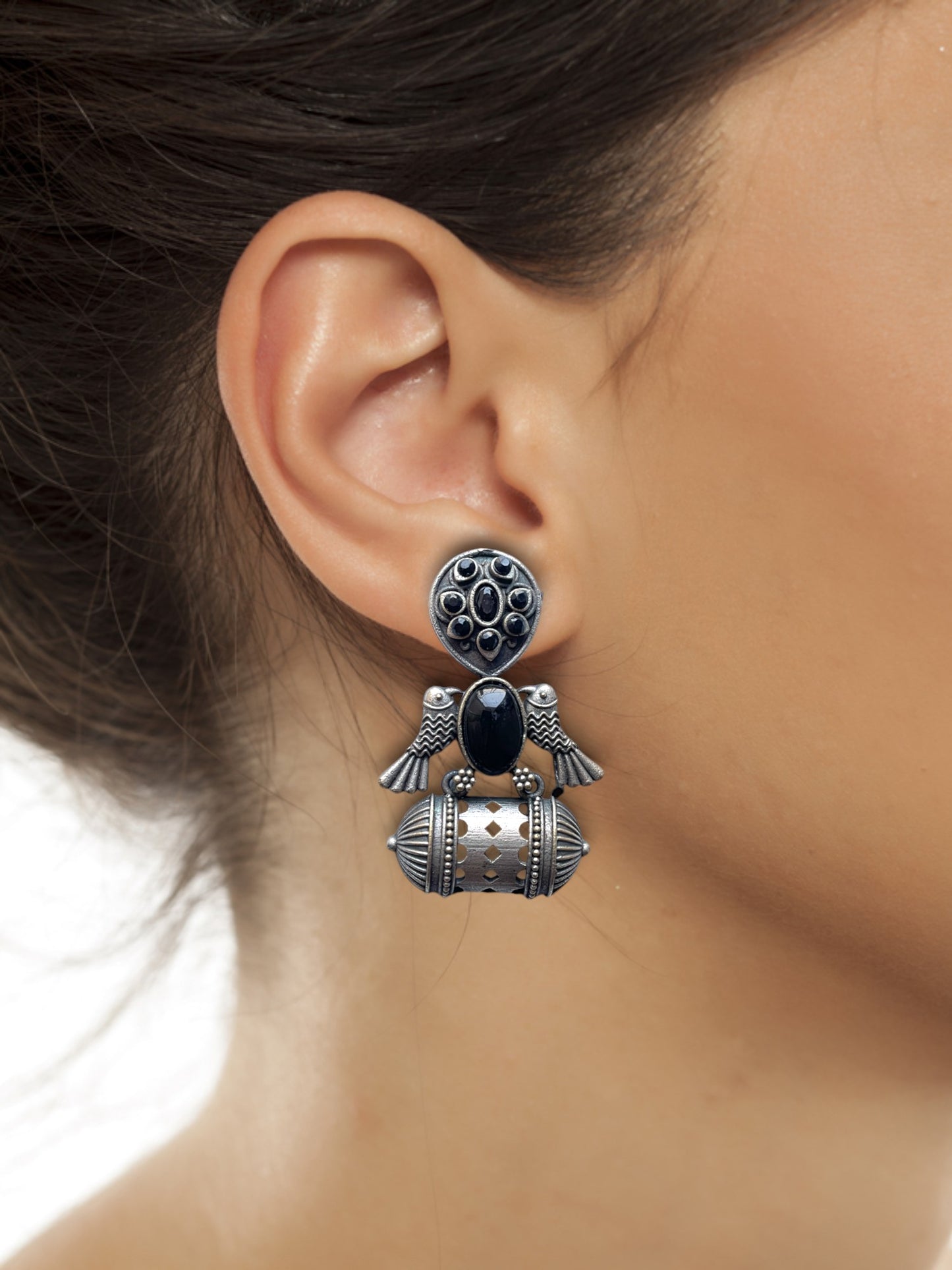 German Silver Bird Monalisa Stone Earrings