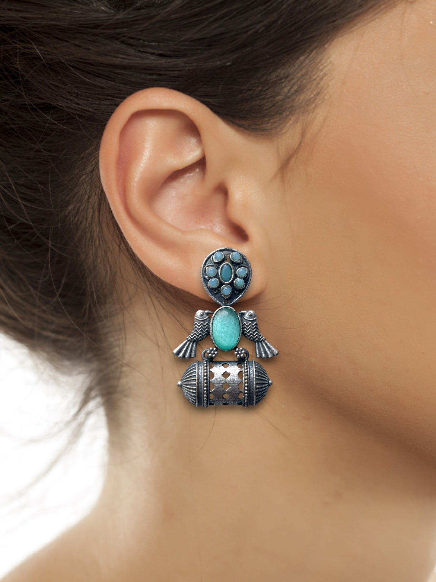 German Silver Bird Monalisa Stone Earrings