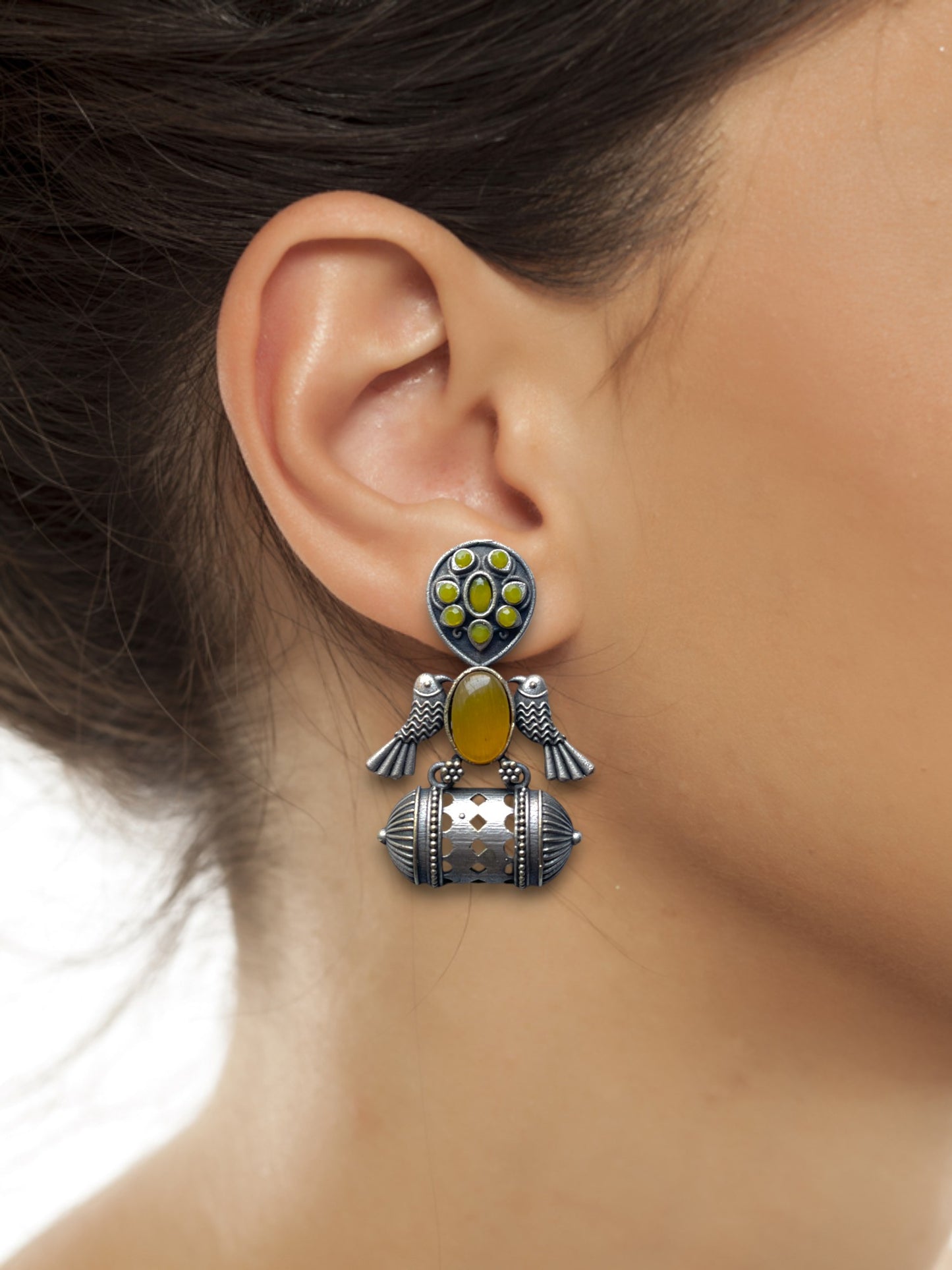 German Silver Bird Monalisa Stone Earrings