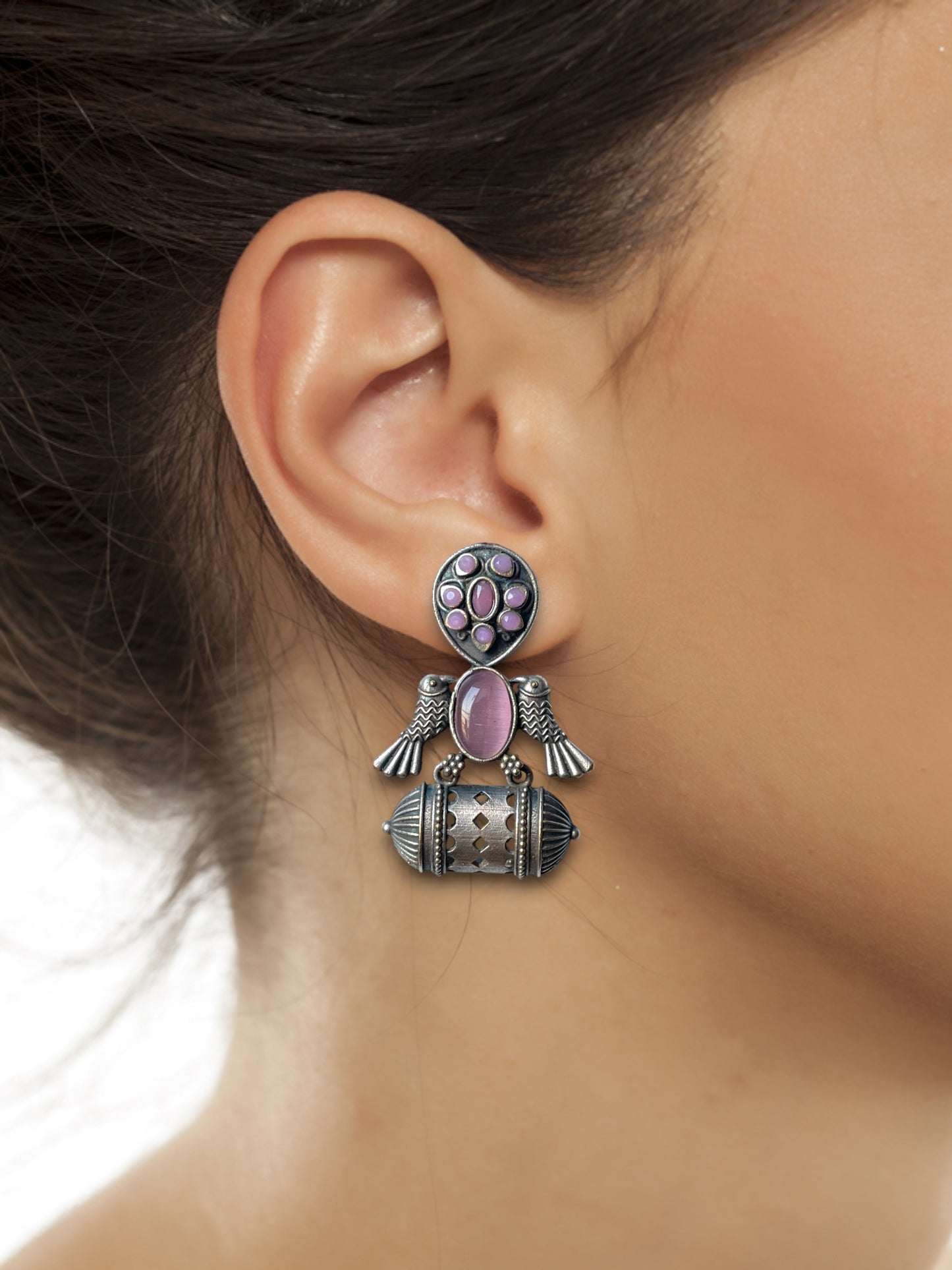 German Silver Bird Monalisa Stone Earrings