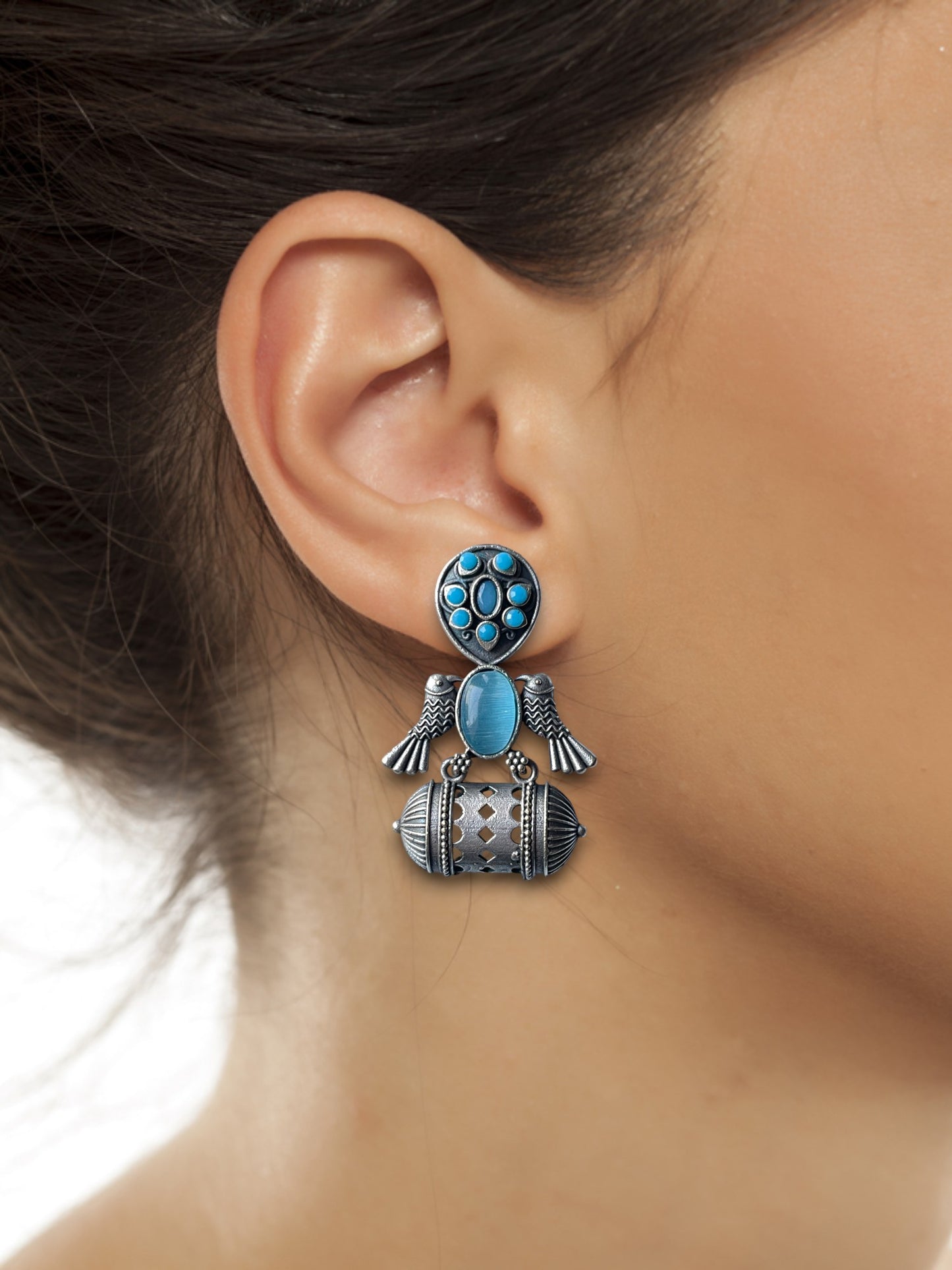 German Silver Bird Monalisa Stone Earrings