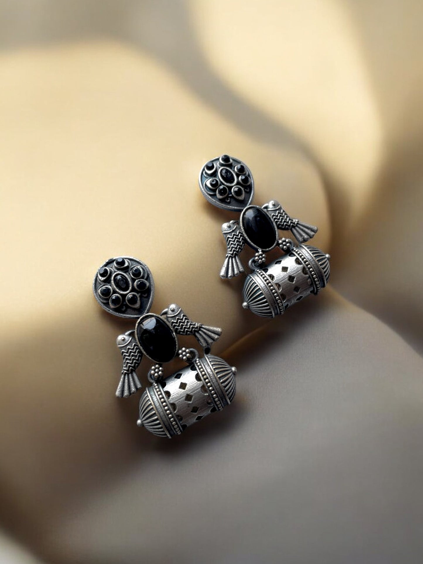 German Silver Bird Monalisa Stone Earrings