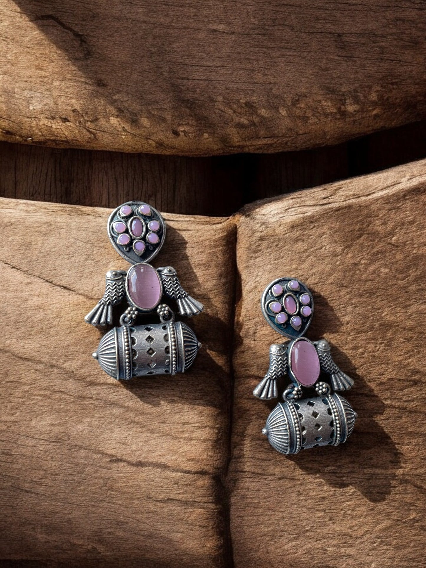 German Silver Bird Monalisa Stone Earrings