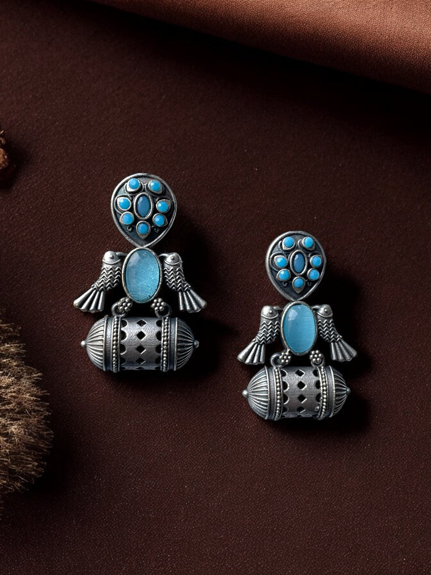 German Silver Bird Monalisa Stone Earrings