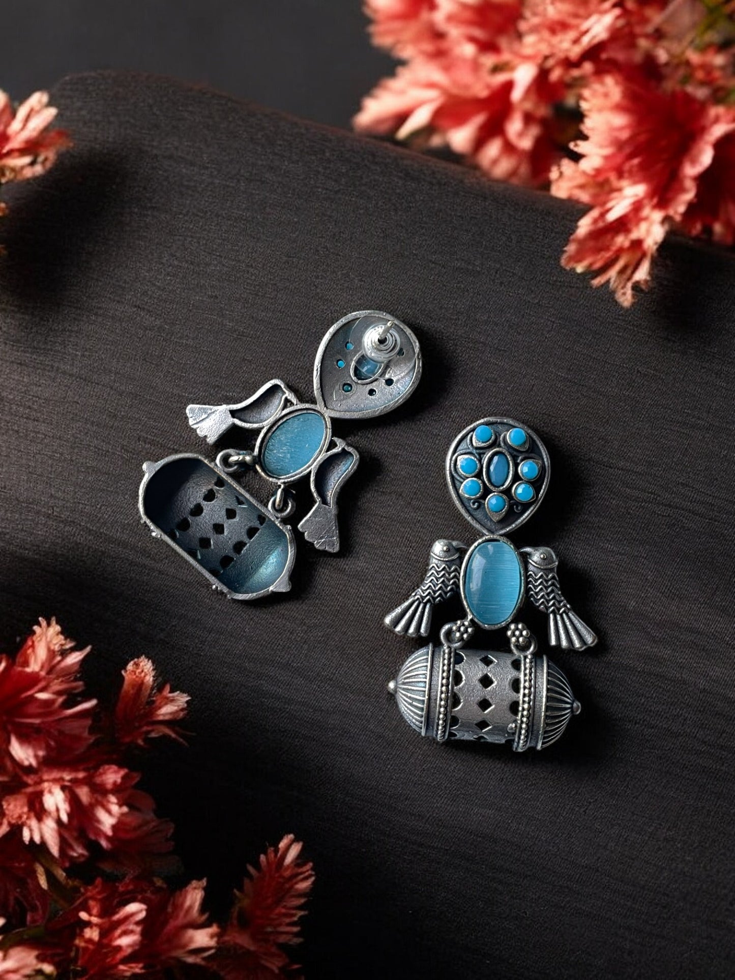 German Silver Bird Monalisa Stone Earrings