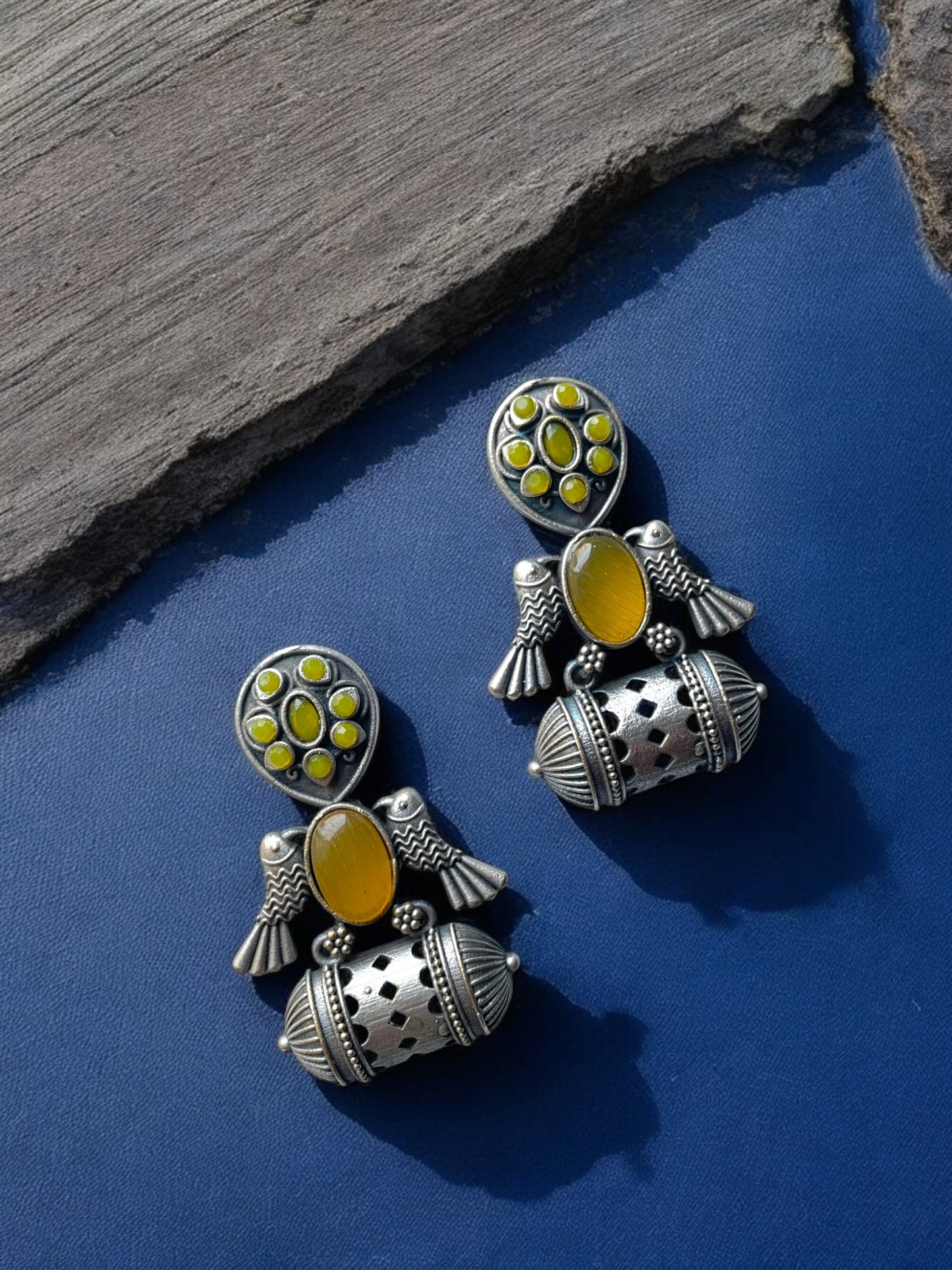 German Silver Bird Monalisa Stone Earrings