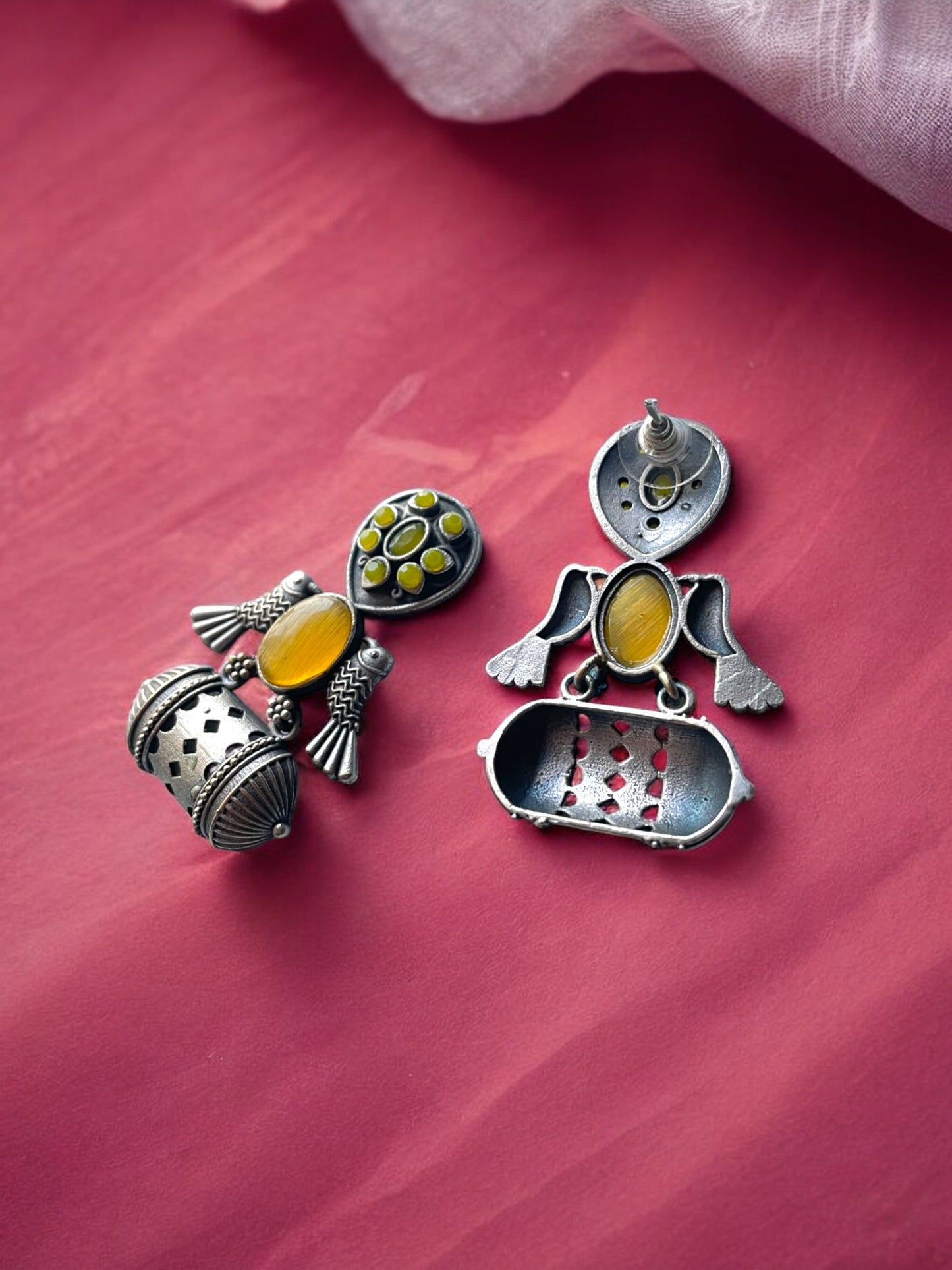 German Silver Bird Monalisa Stone Earrings