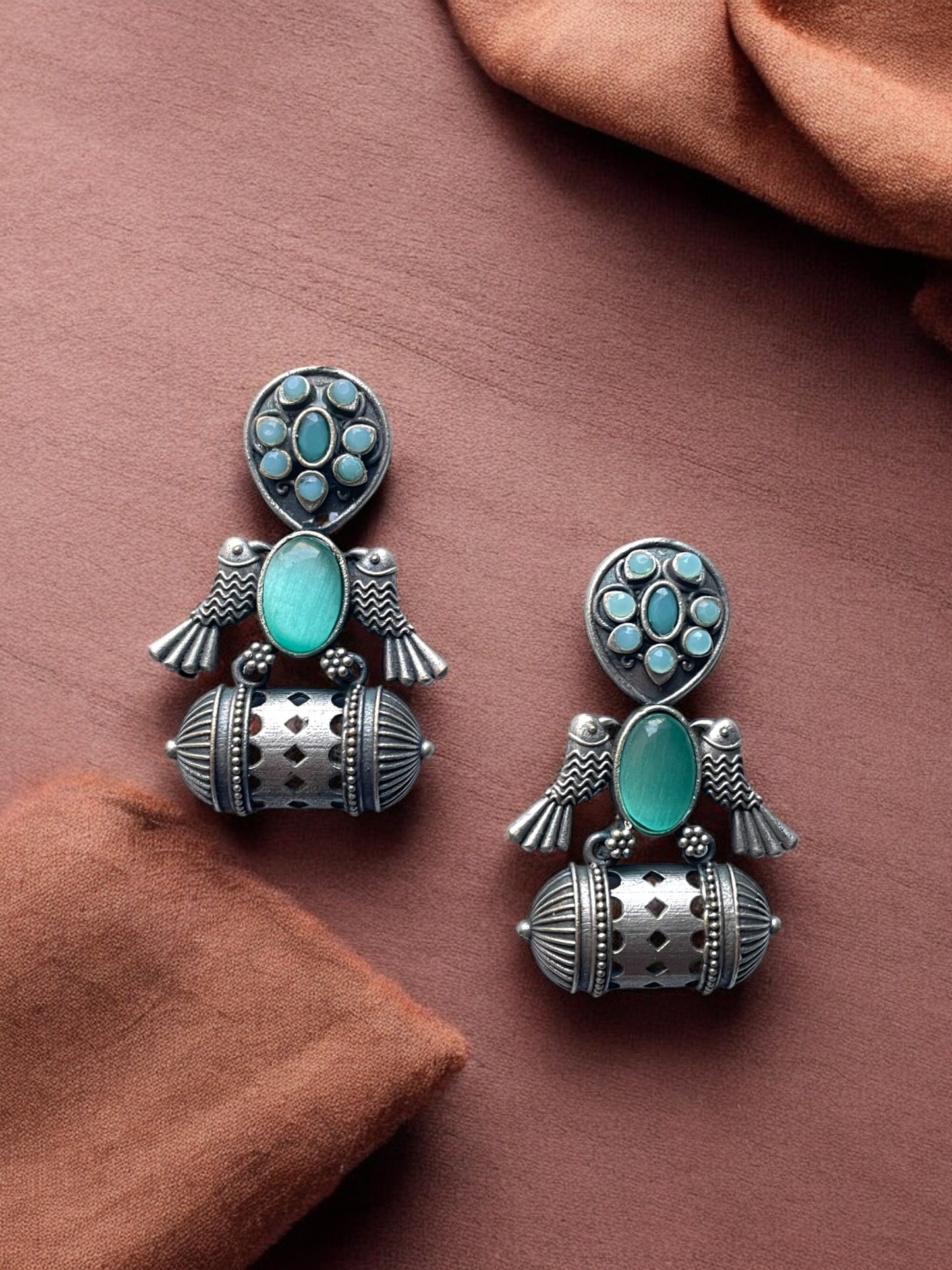 German Silver Bird Monalisa Stone Earrings