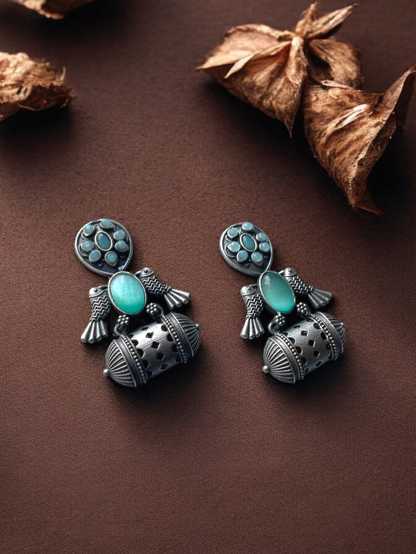 German Silver Bird Monalisa Stone Earrings