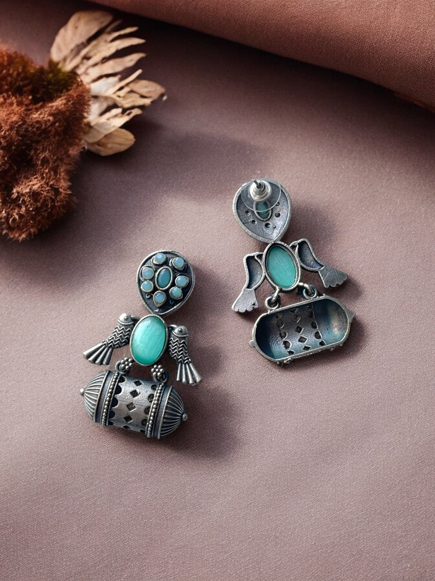 German Silver Bird Monalisa Stone Earrings