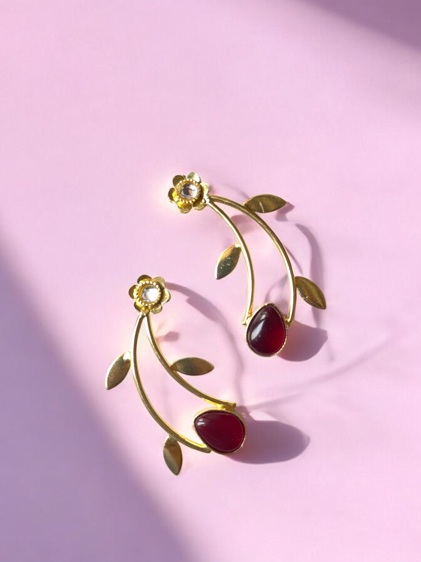 Golden Leaf Earrings with Monalisa Stone Accent