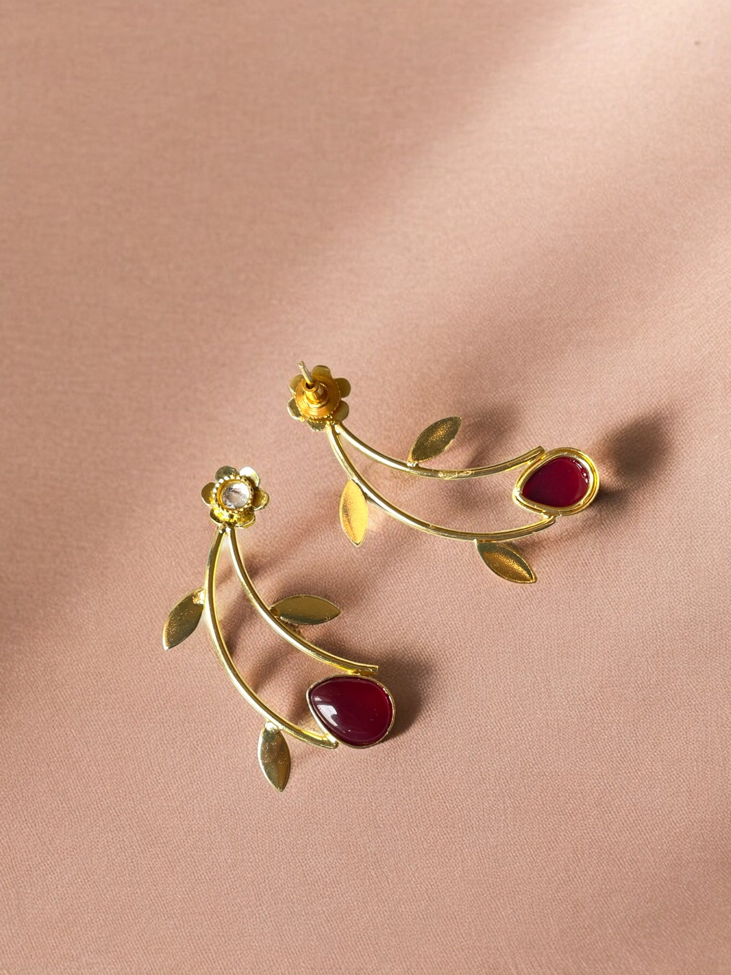 Golden Leaf Earrings with Monalisa Stone Accent