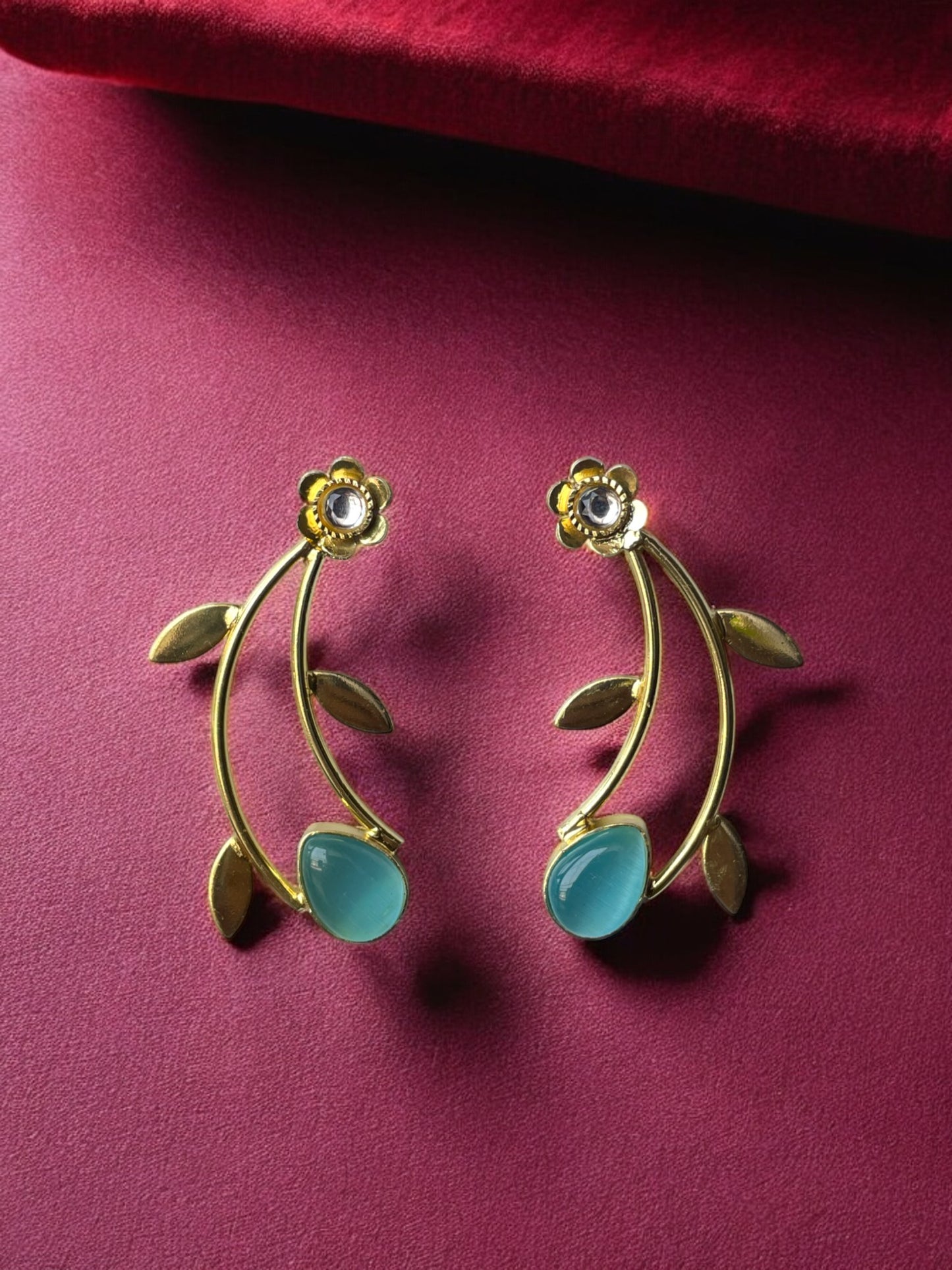 Golden Leaf Earrings with Monalisa Stone Accent