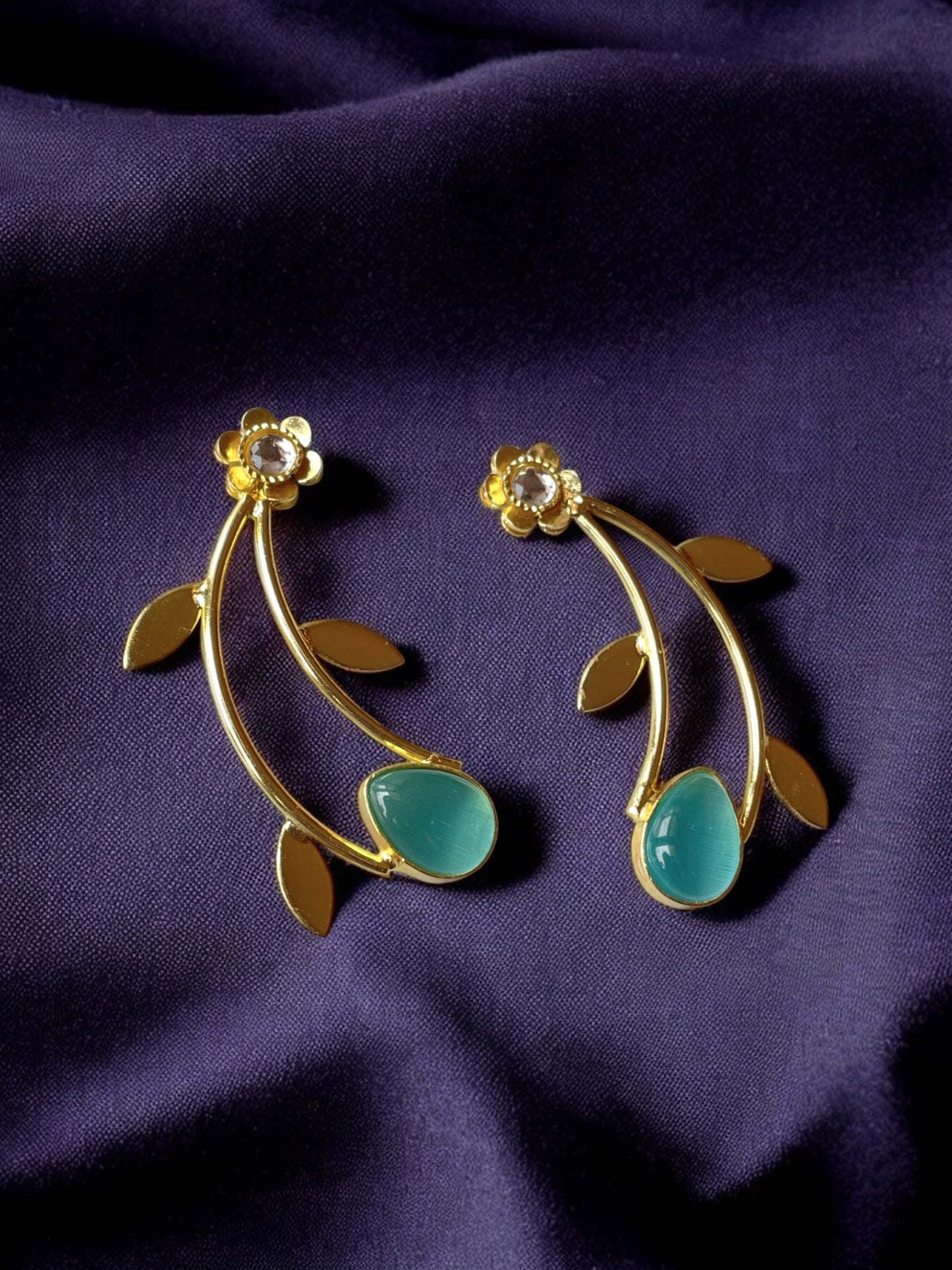 Golden Leaf Earrings with Monalisa Stone Accent