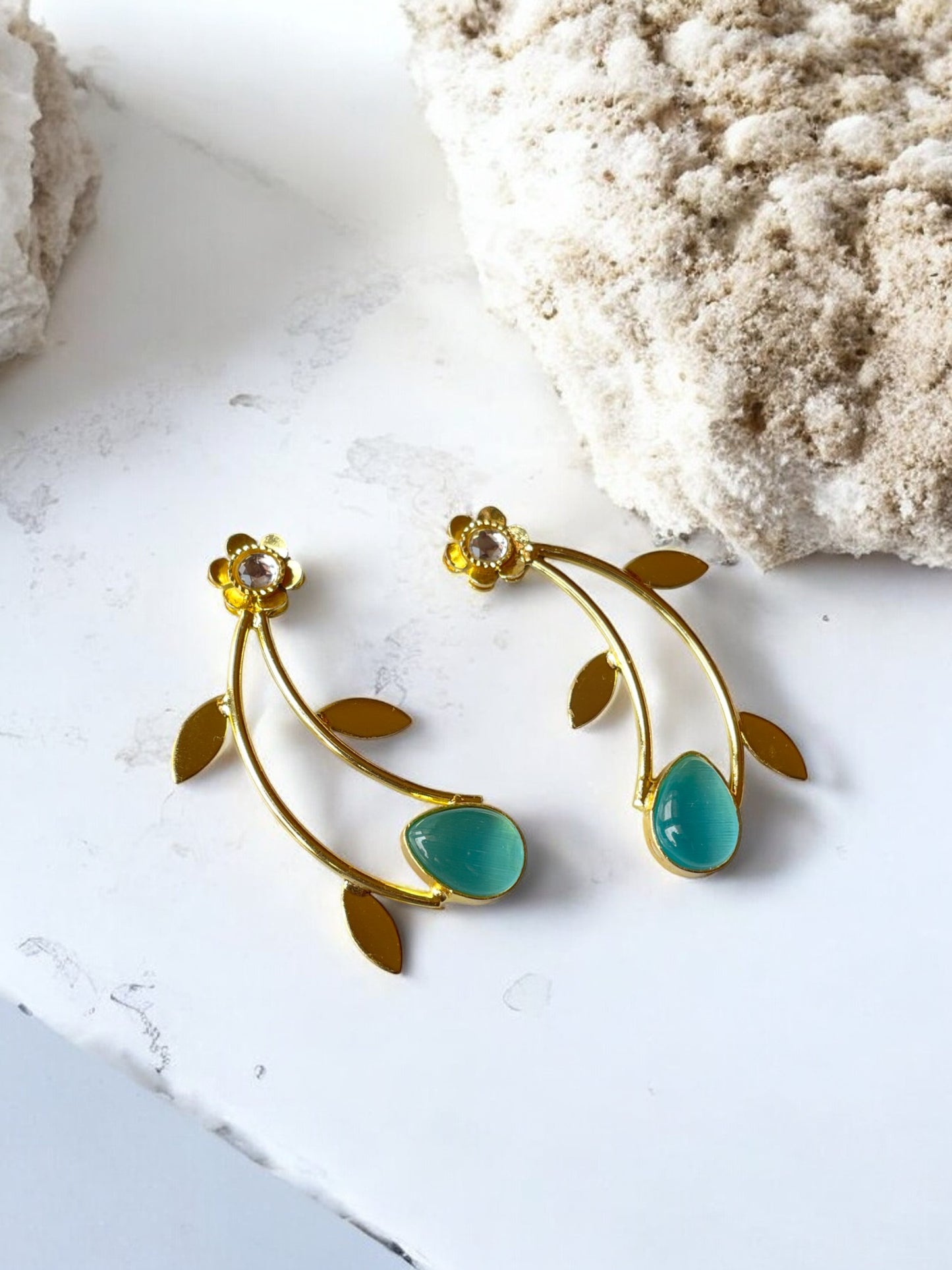 Golden Leaf Earrings with Monalisa Stone Accent