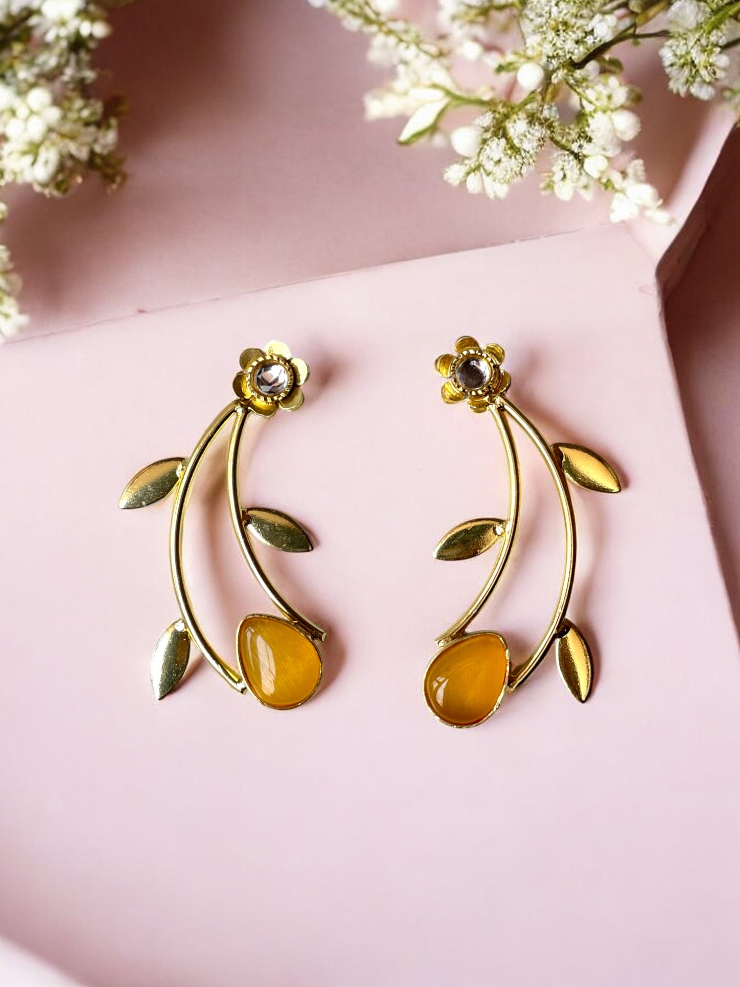 Golden Leaf Earrings with Monalisa Stone Accent