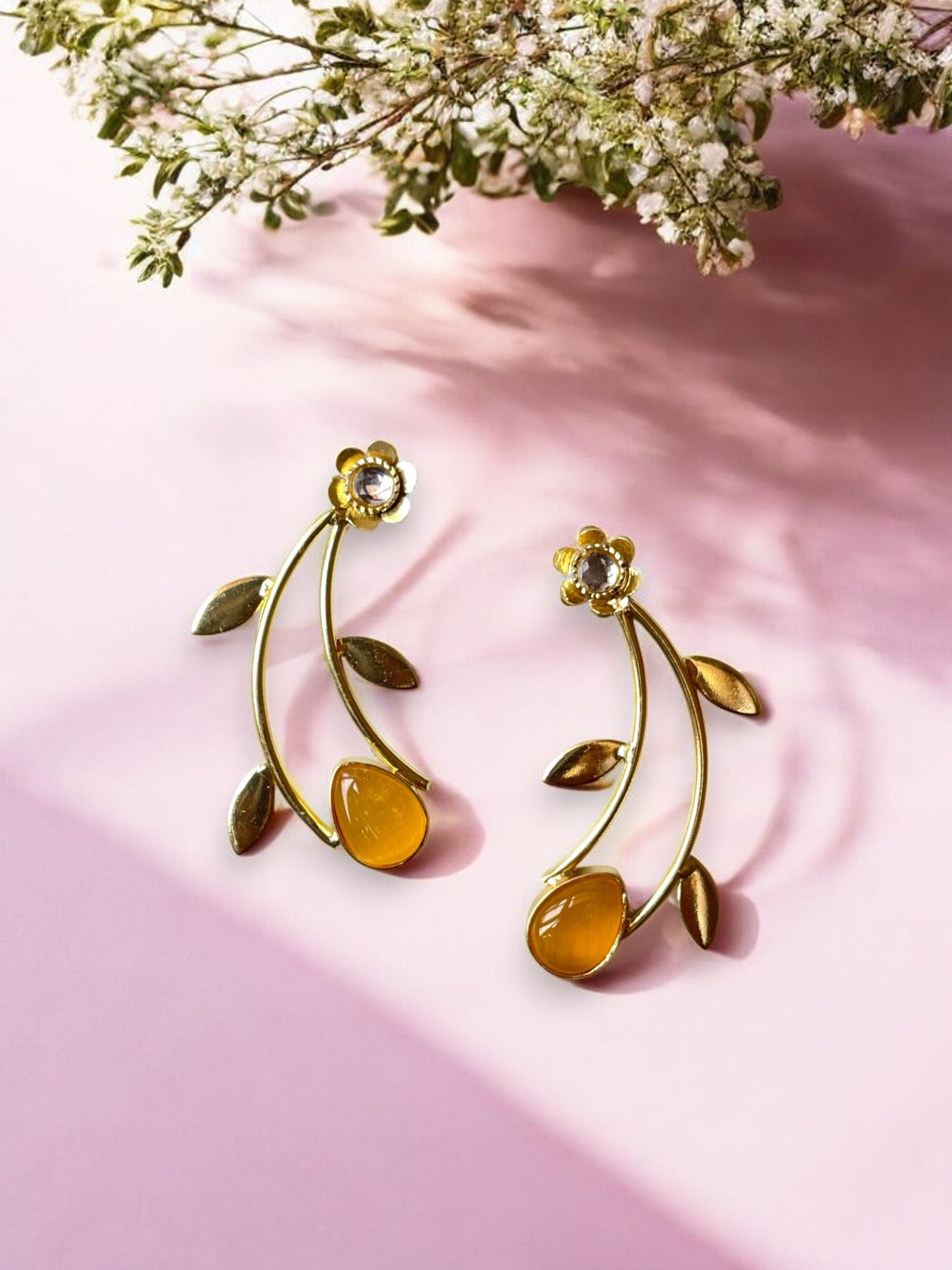 Golden Leaf Earrings with Monalisa Stone Accent