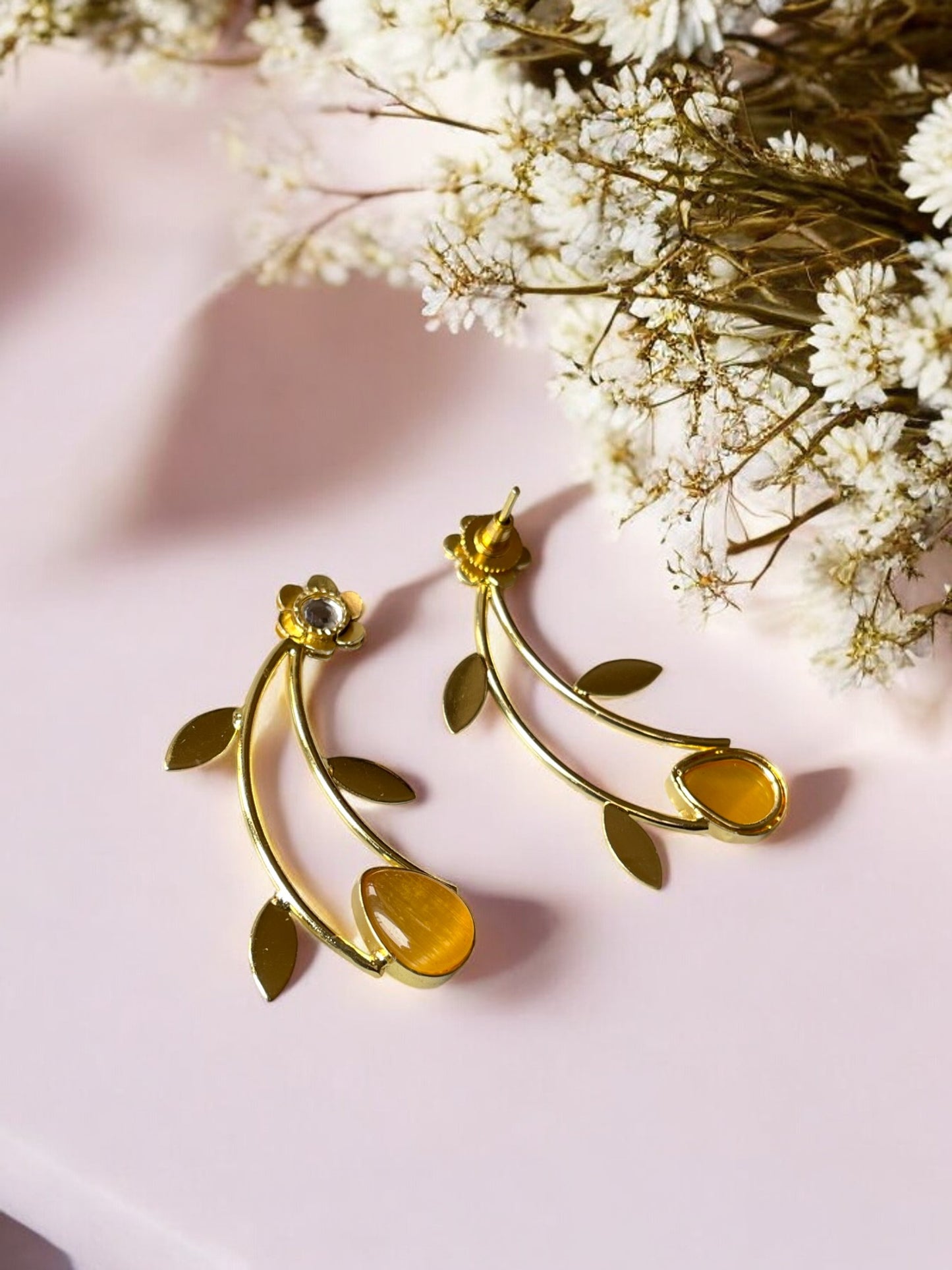 Golden Leaf Earrings with Monalisa Stone Accent
