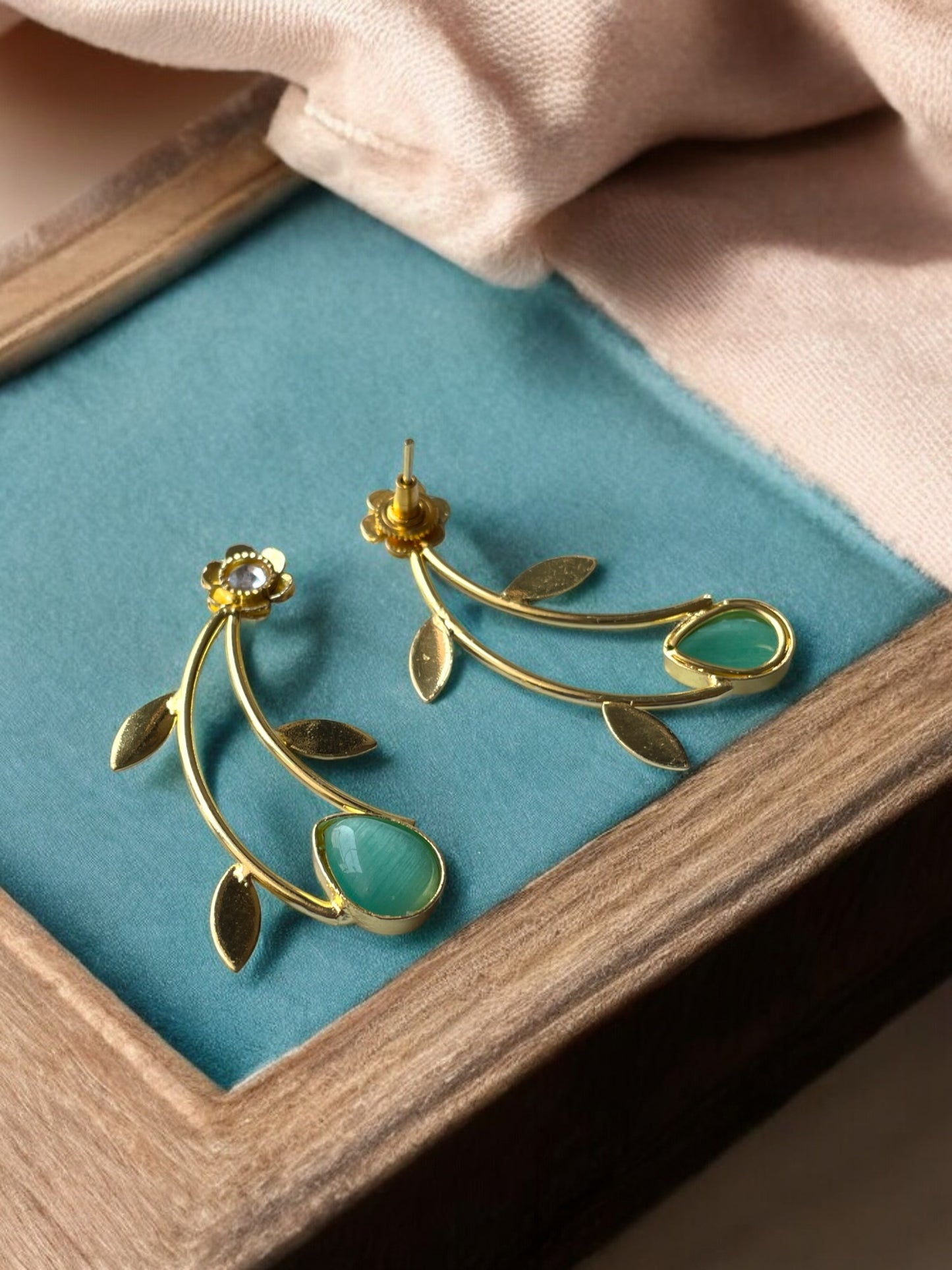 Golden Leaf Earrings with Monalisa Stone Accent