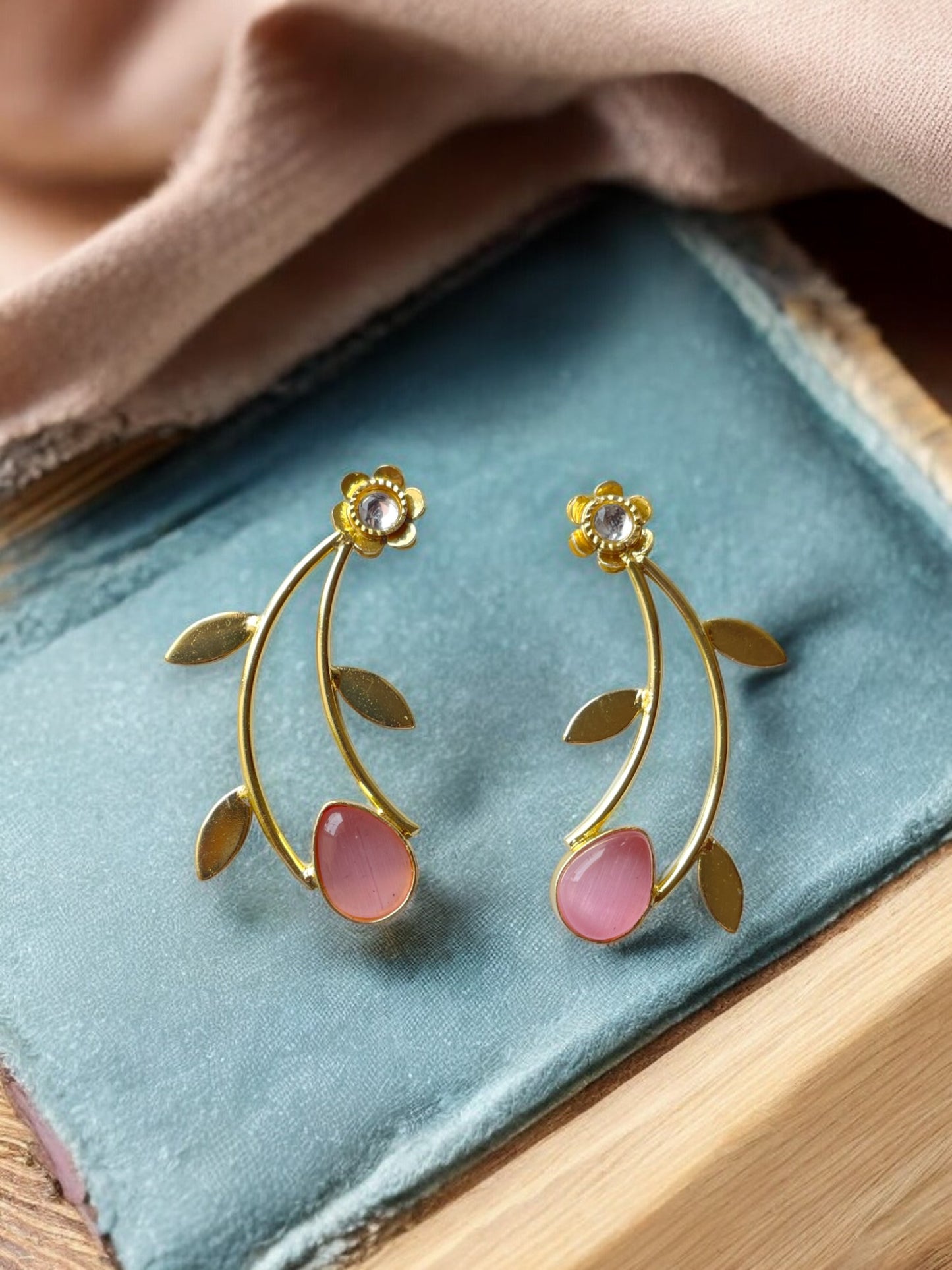 Golden Leaf Earrings with Monalisa Stone Accent