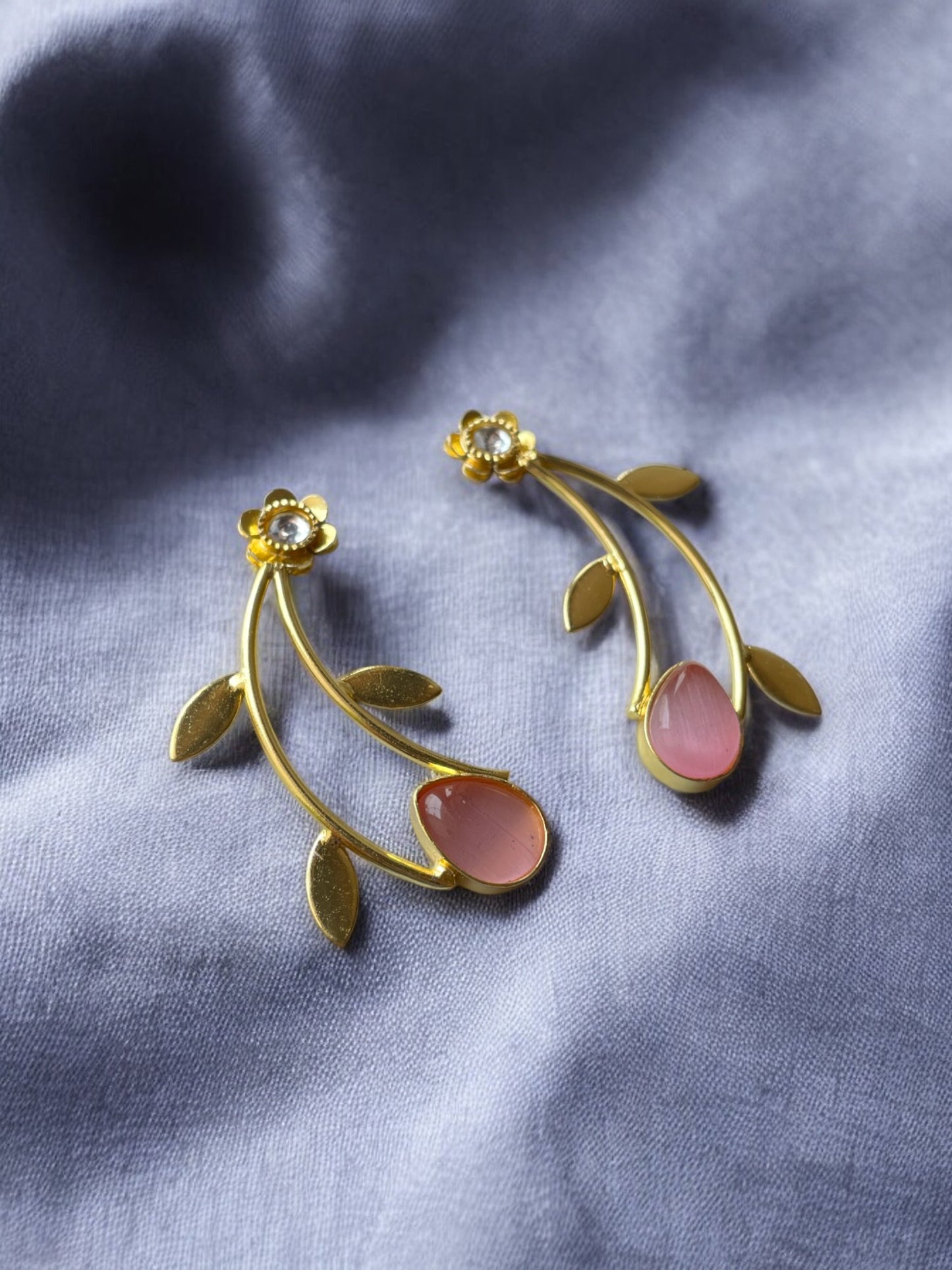Golden Leaf Earrings with Monalisa Stone Accent