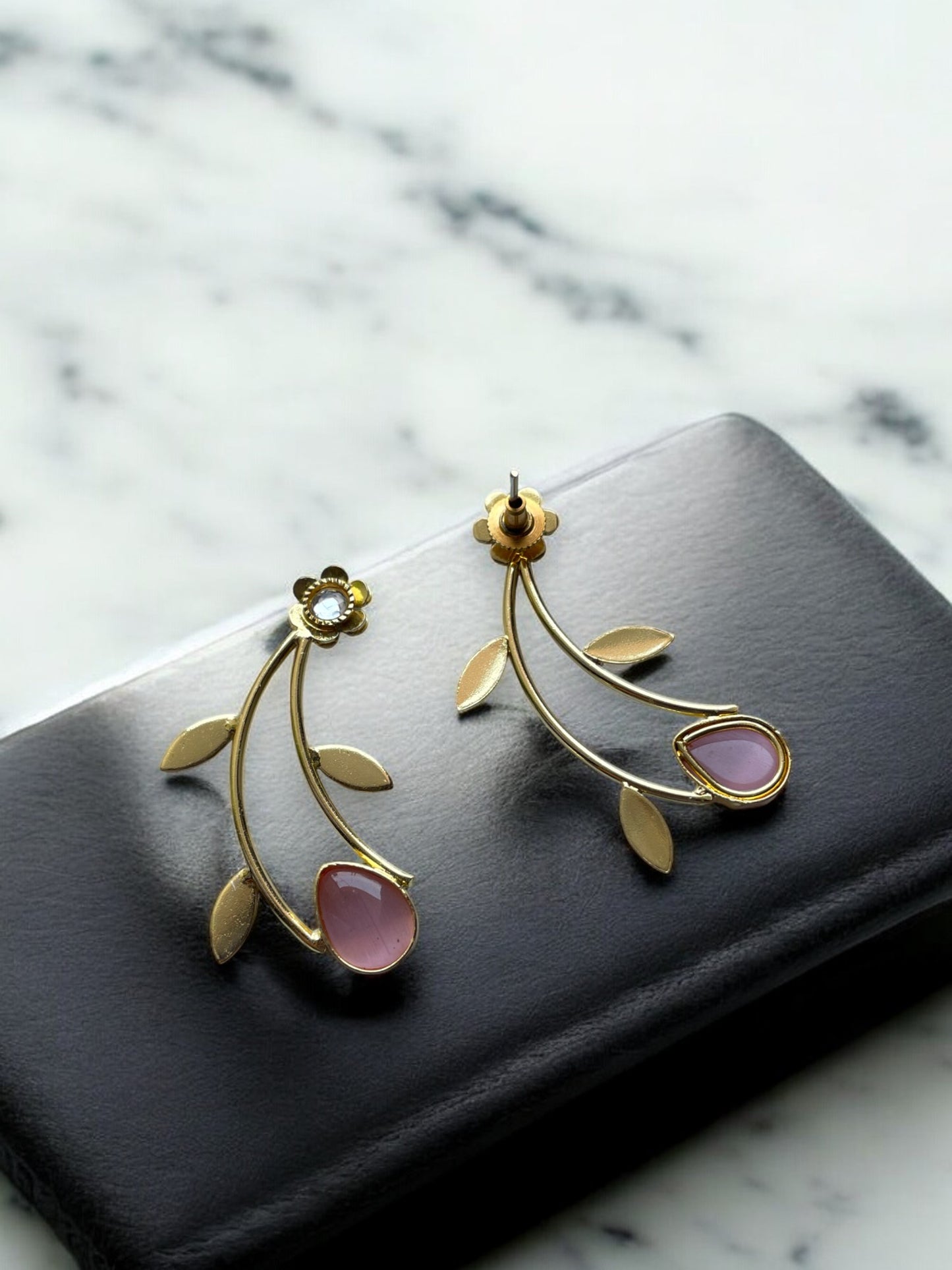 Golden Leaf Earrings with Monalisa Stone Accent