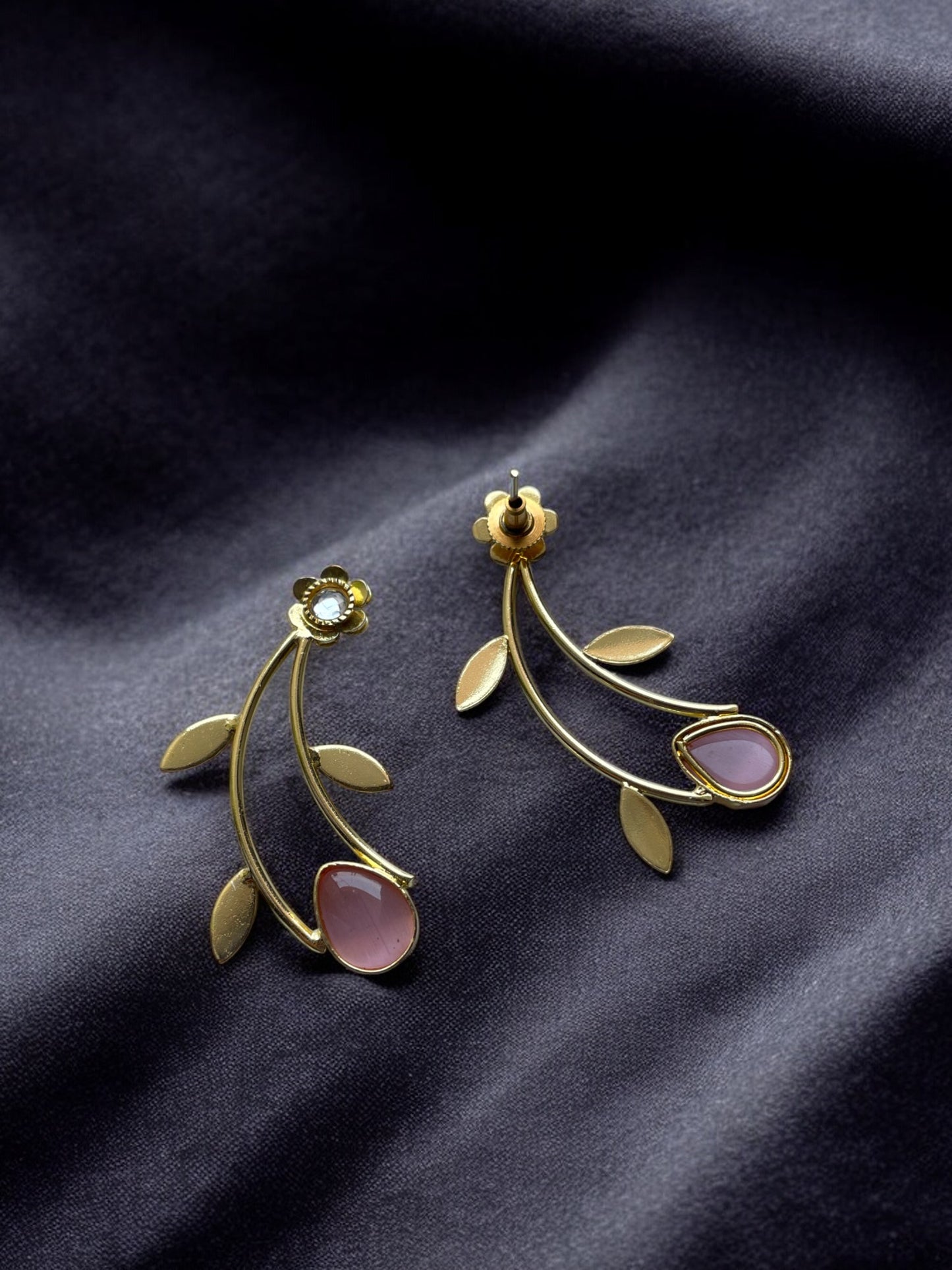 Golden Leaf Earrings with Monalisa Stone Accent