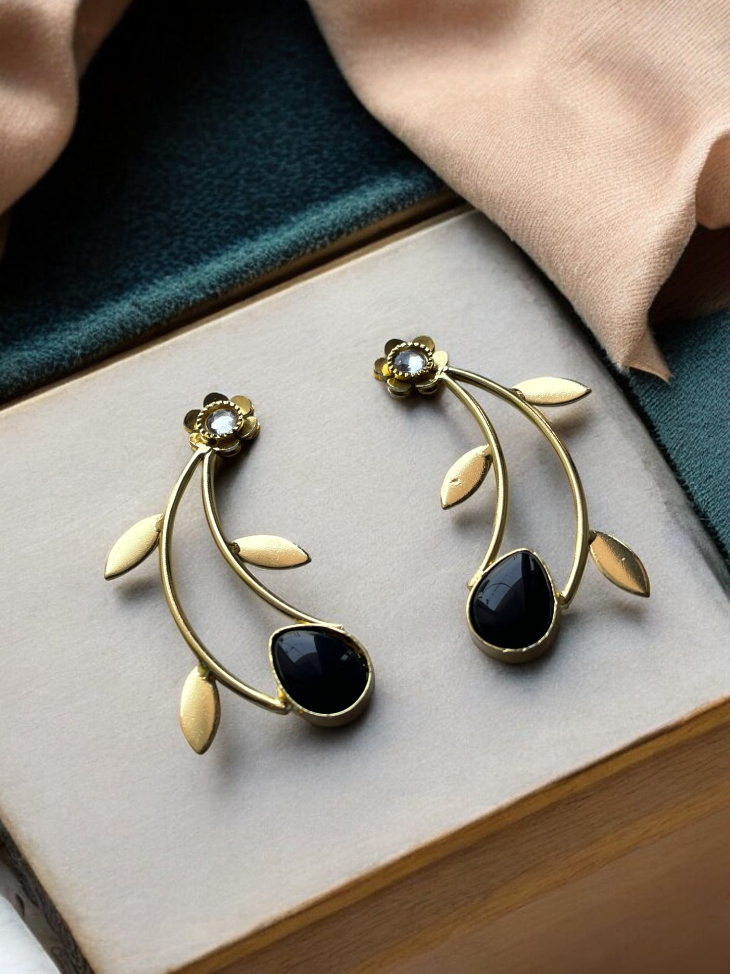 Golden Leaf Earrings with Monalisa Stone Accent
