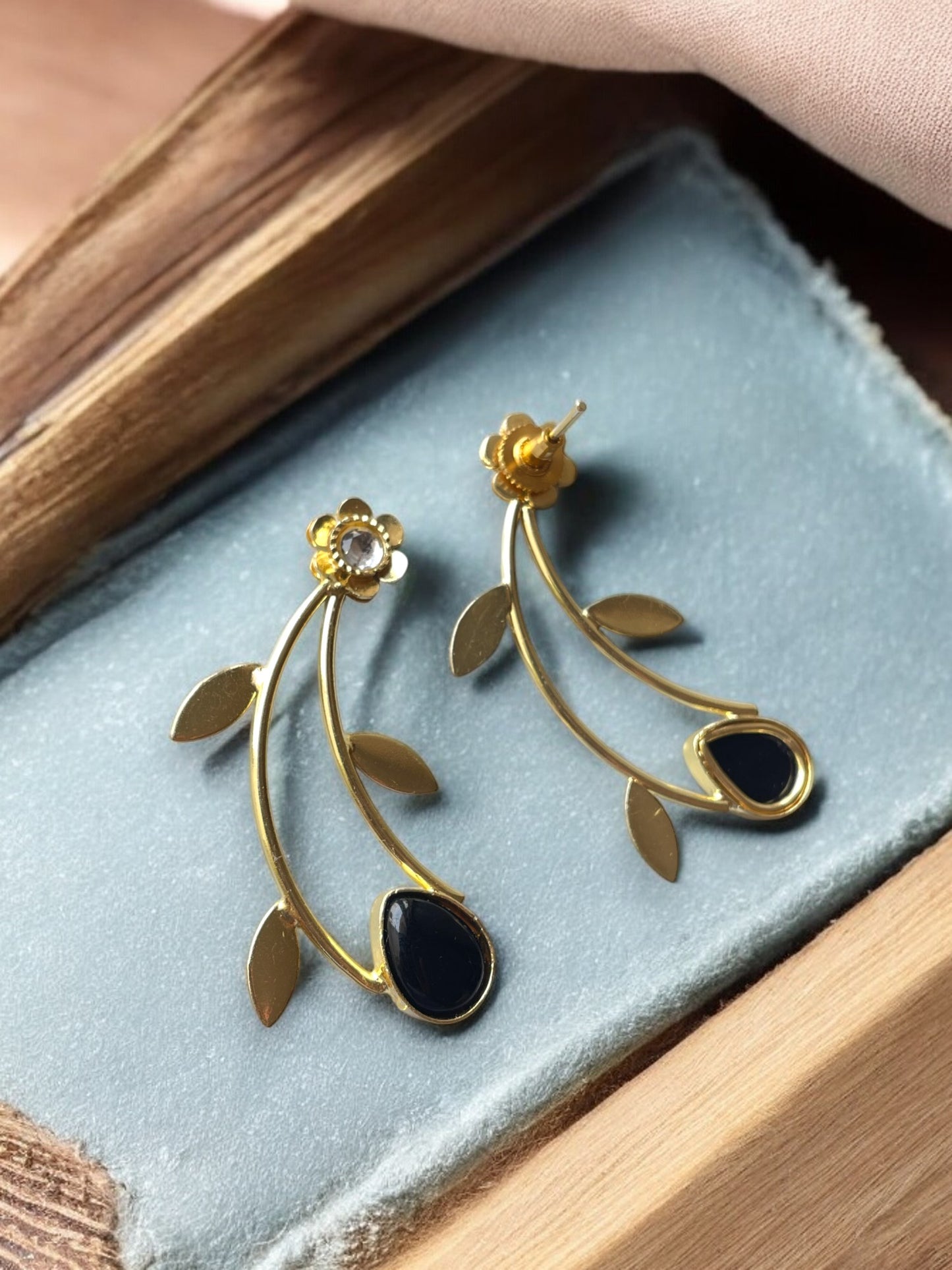 Golden Leaf Earrings with Monalisa Stone Accent