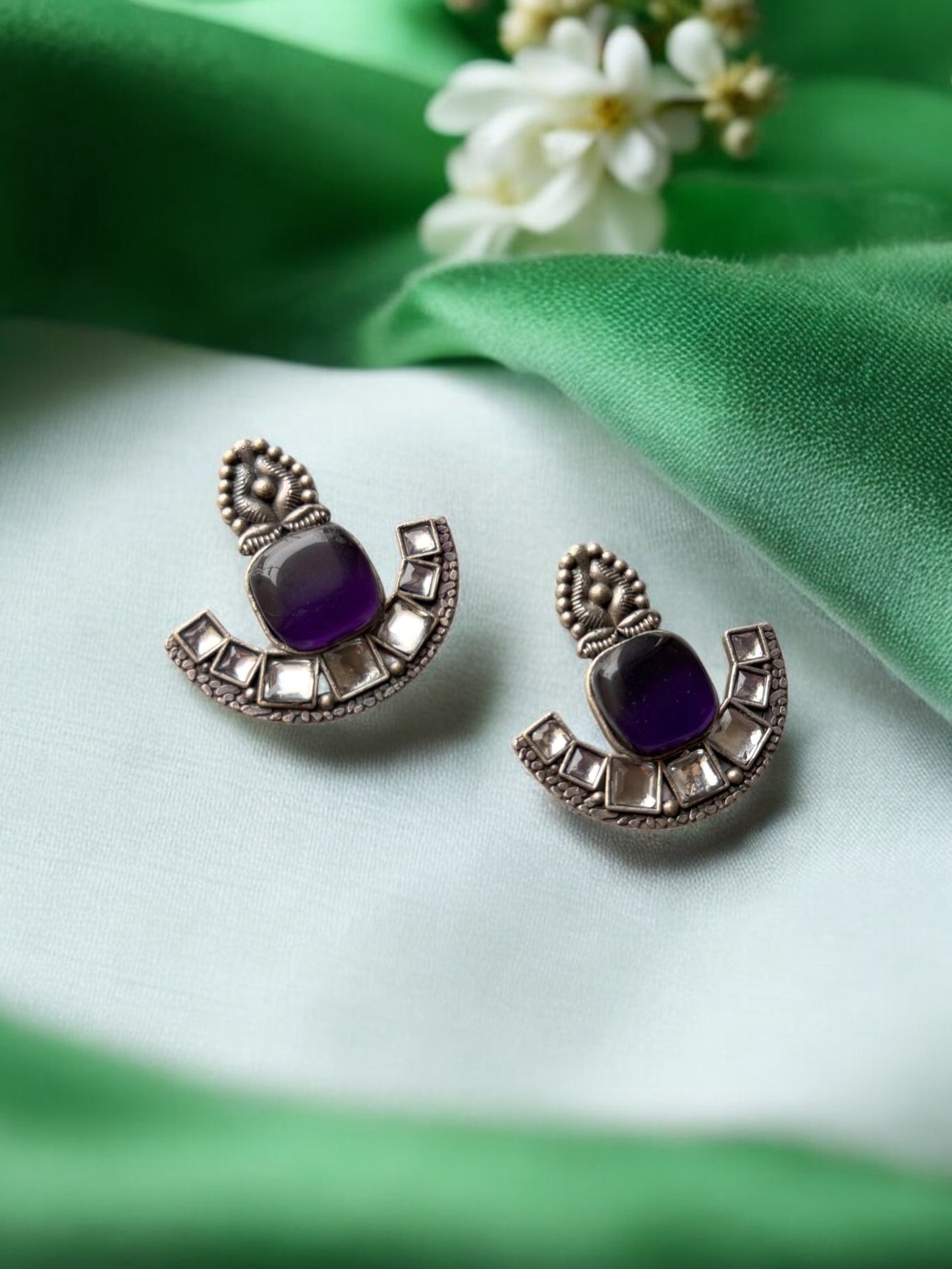 Silver Replica Earrings with Embedded Stones