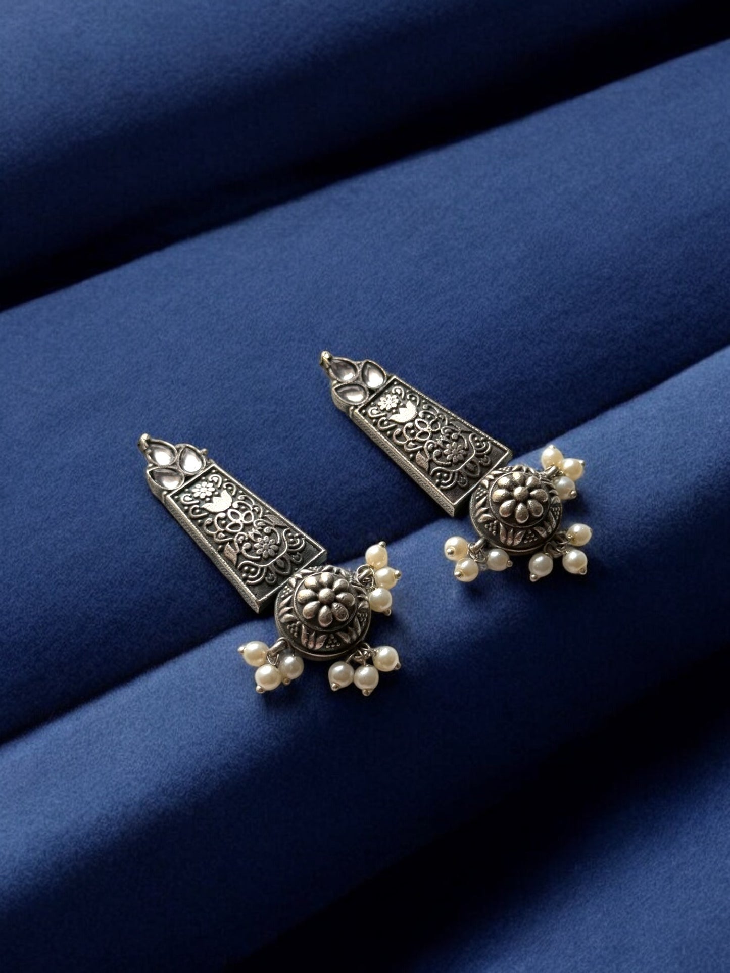 German Silver Vintage Charm Earrings with Dangling Pearls