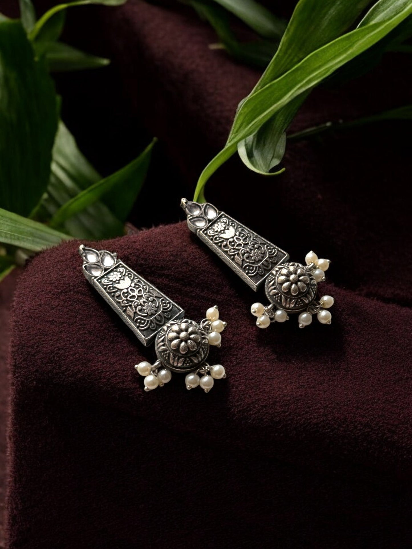 German Silver Vintage Charm Earrings with Dangling Pearls