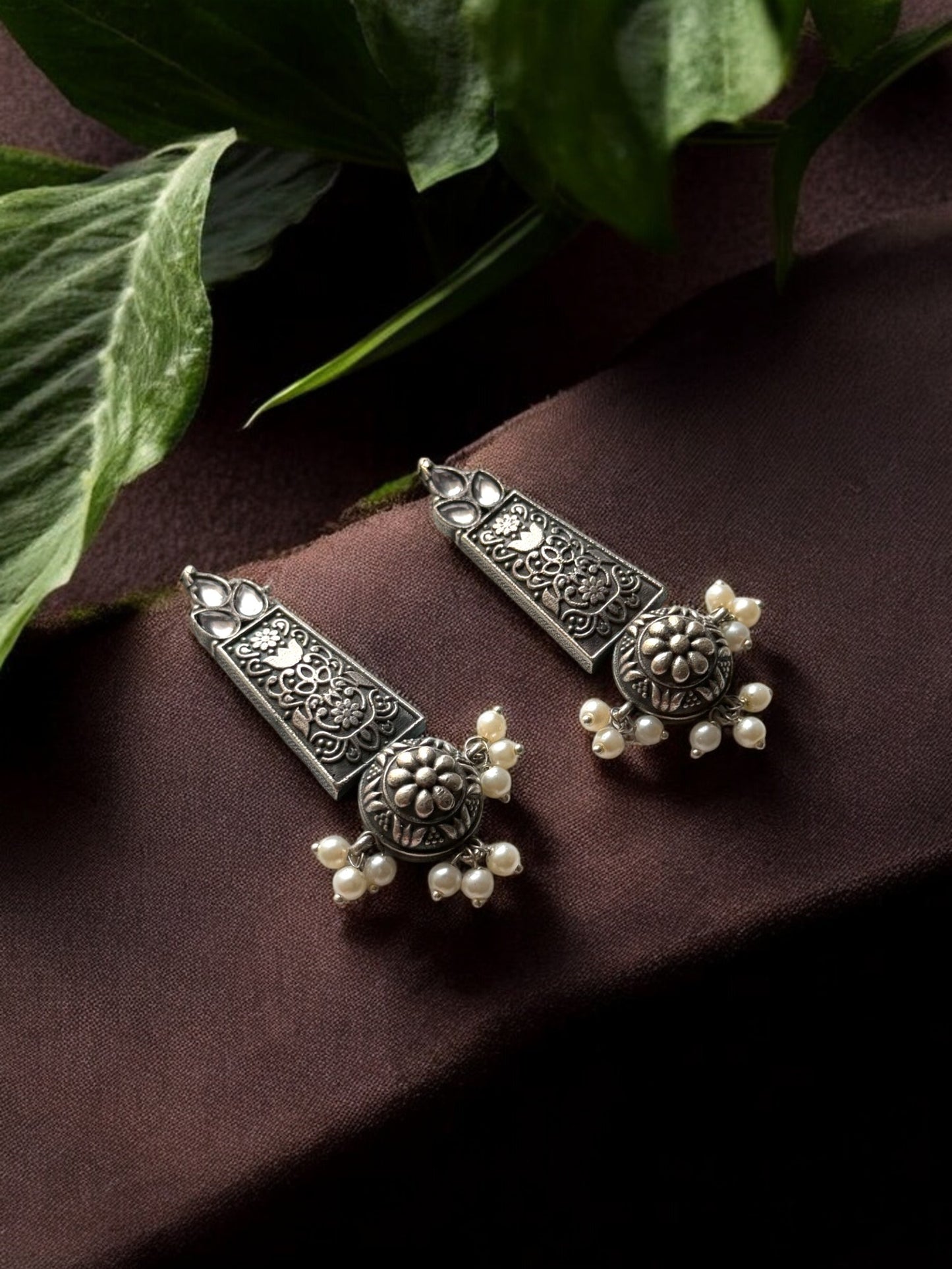 German Silver Vintage Charm Earrings with Dangling Pearls