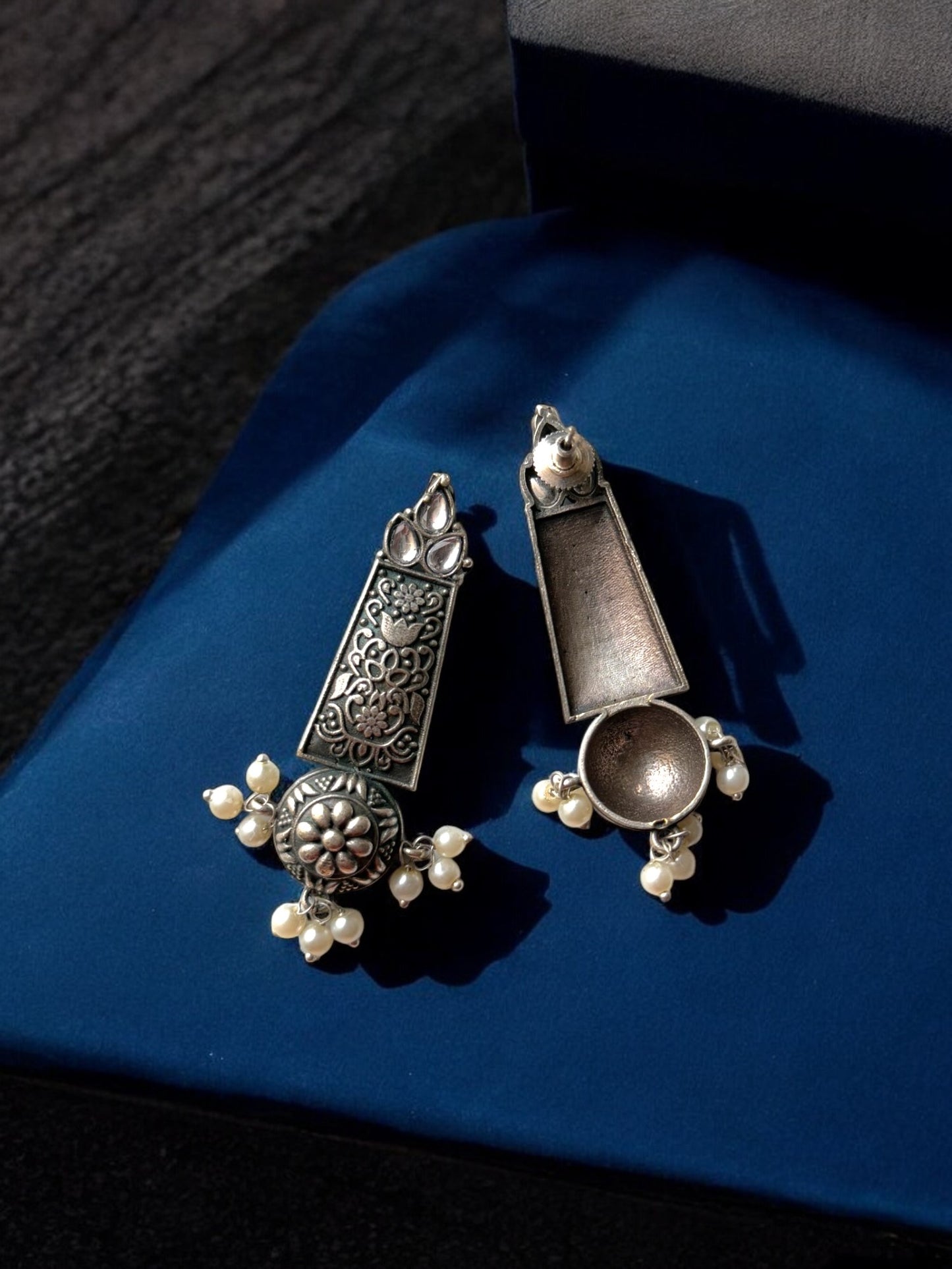 German Silver Vintage Charm Earrings with Dangling Pearls