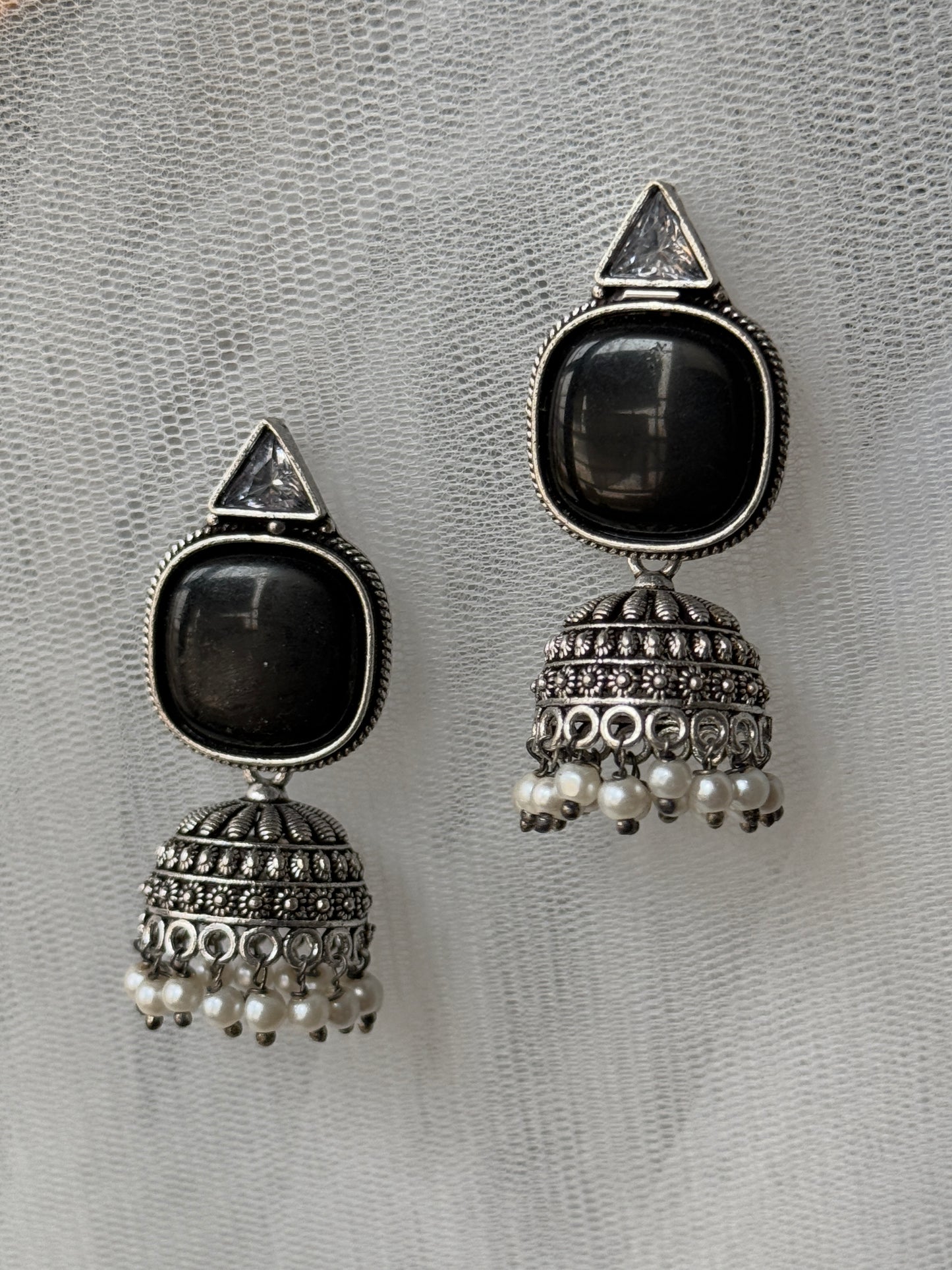 Silver-Plated Oxidised Jhumka with Artificial Stones & Beads