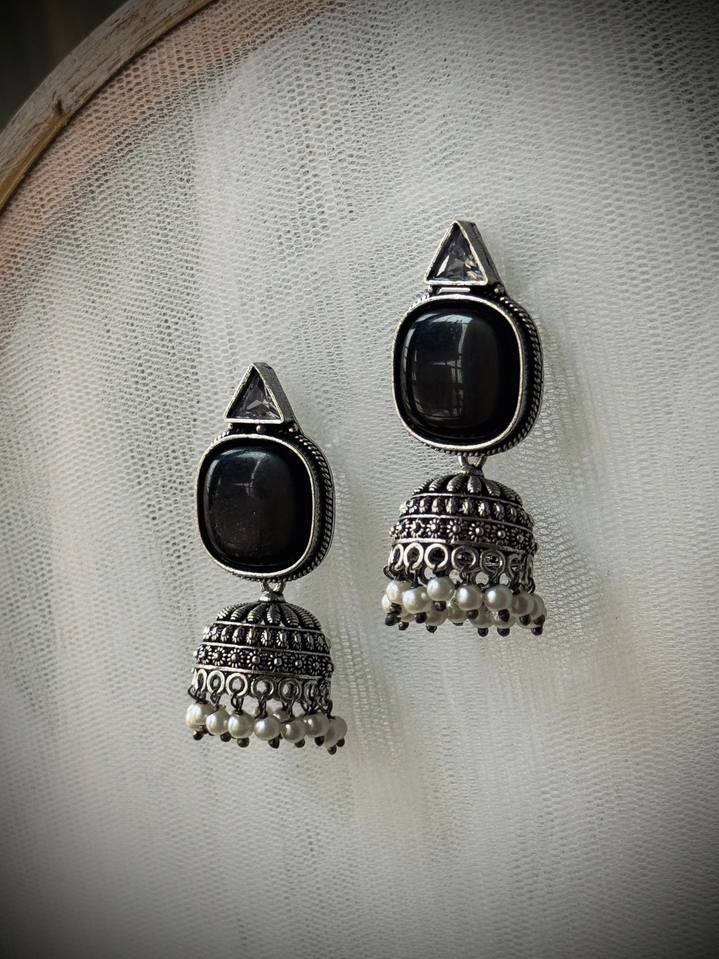 Silver-Plated Oxidised Jhumka with Artificial Stones & Beads