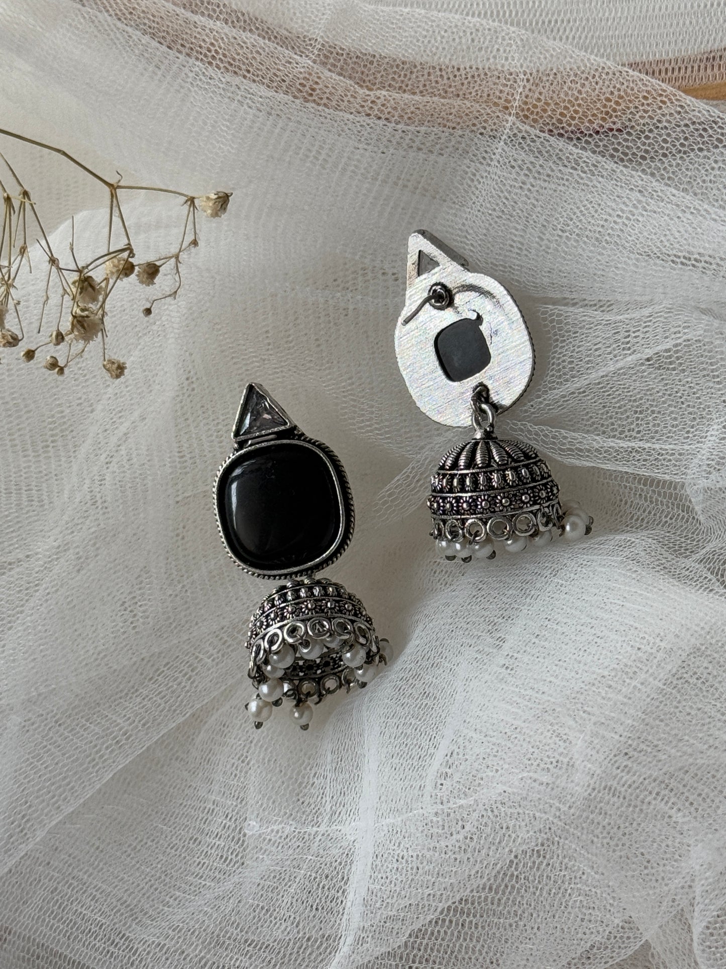 Silver-Plated Oxidised Jhumka with Artificial Stones & Beads