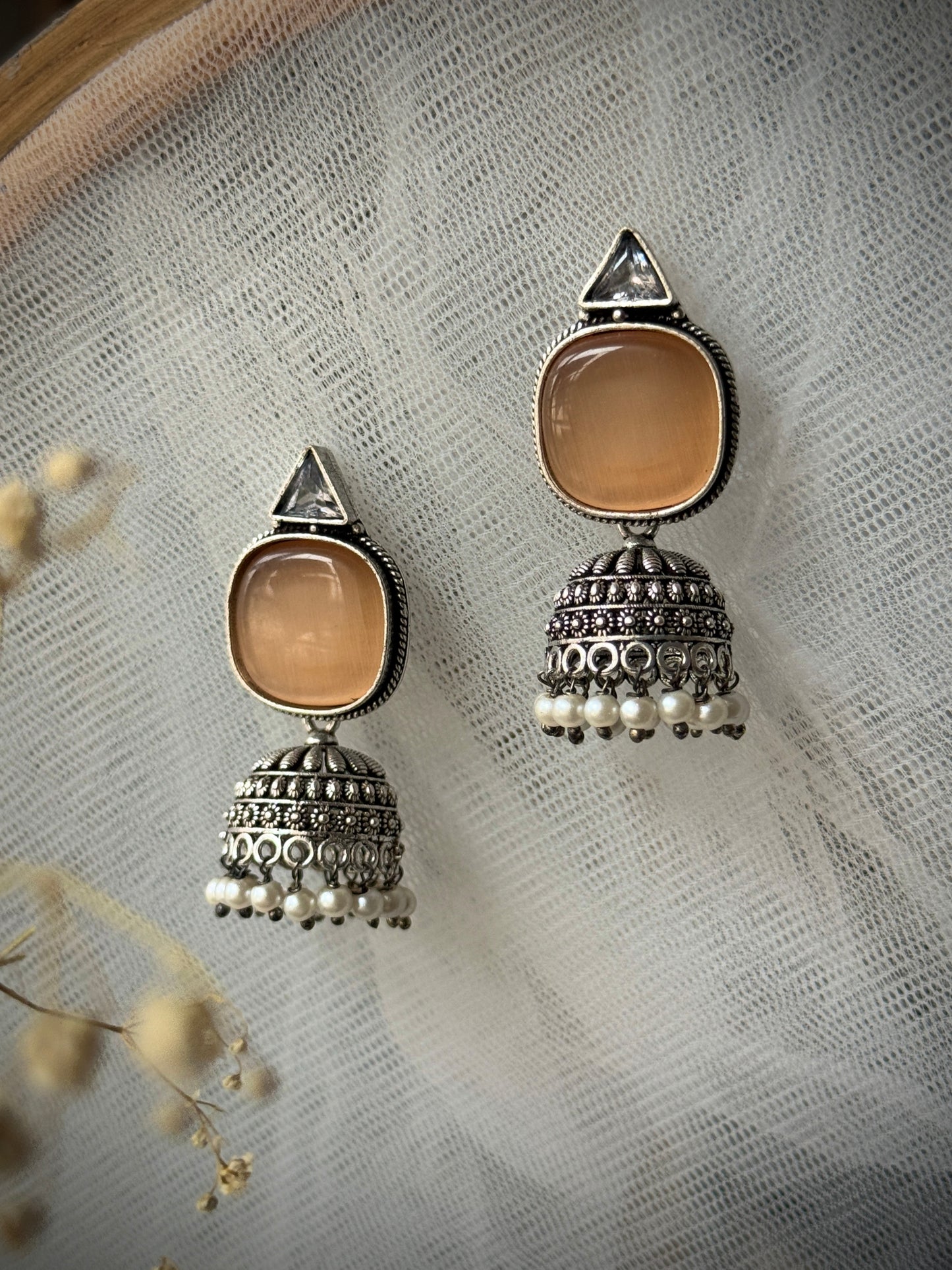 Silver-Plated Oxidised Jhumka with Artificial Stones & Beads