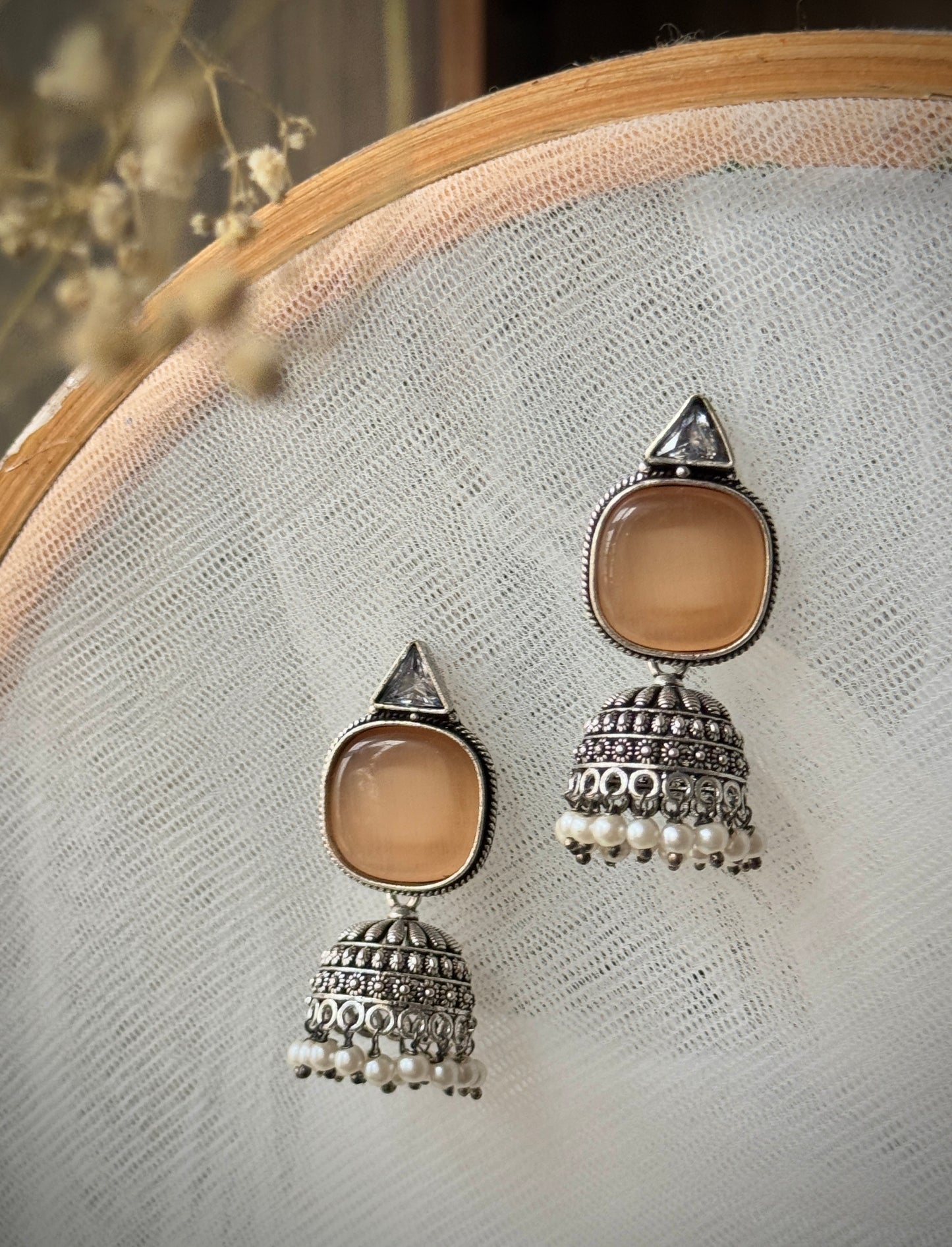 Silver-Plated Oxidised Jhumka with Artificial Stones & Beads