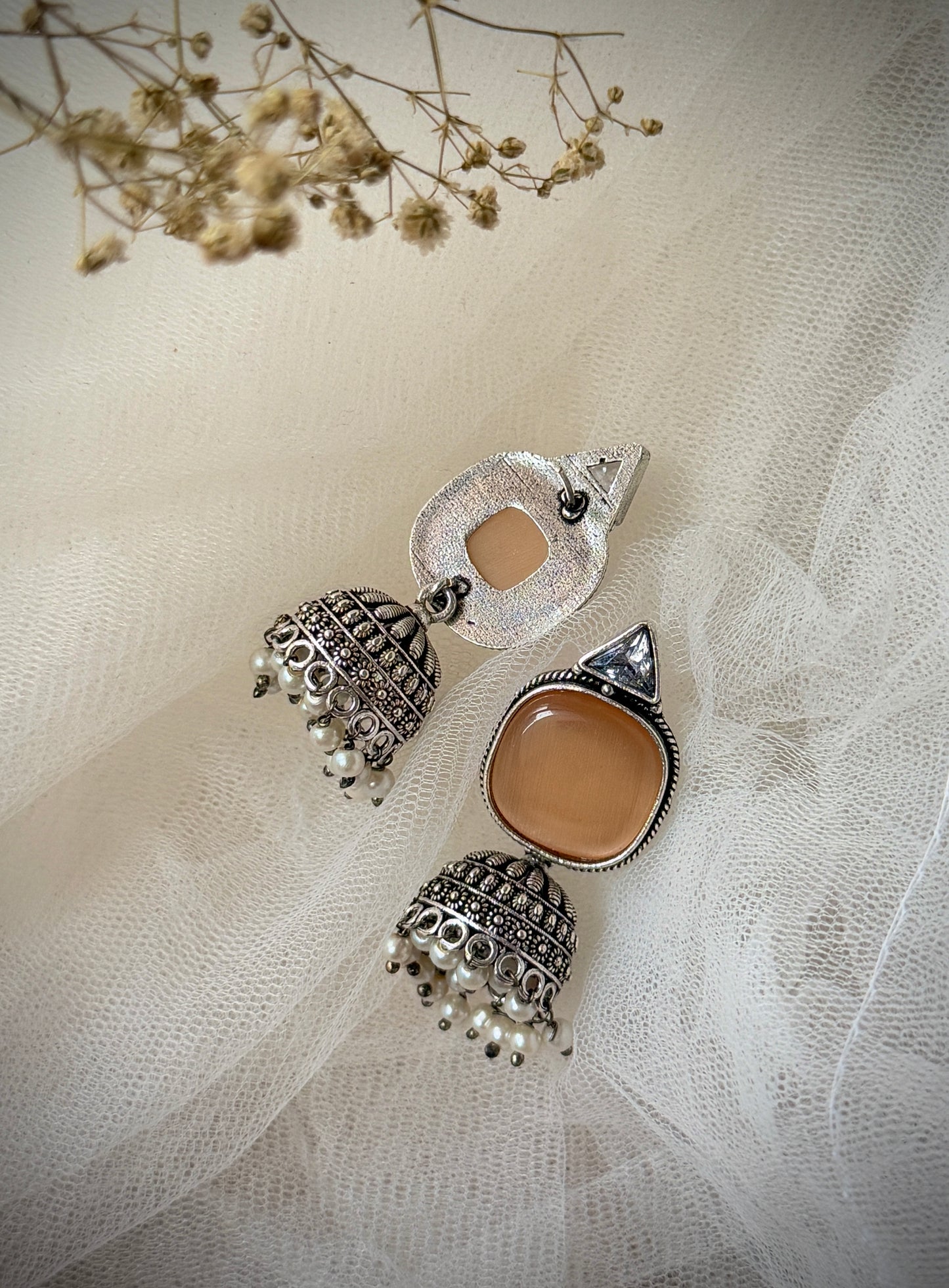 Silver-Plated Oxidised Jhumka with Artificial Stones & Beads