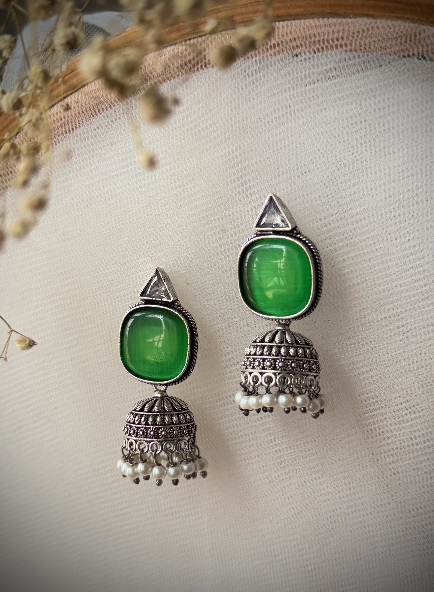Silver-Plated Oxidised Jhumka with Artificial Stones & Beads