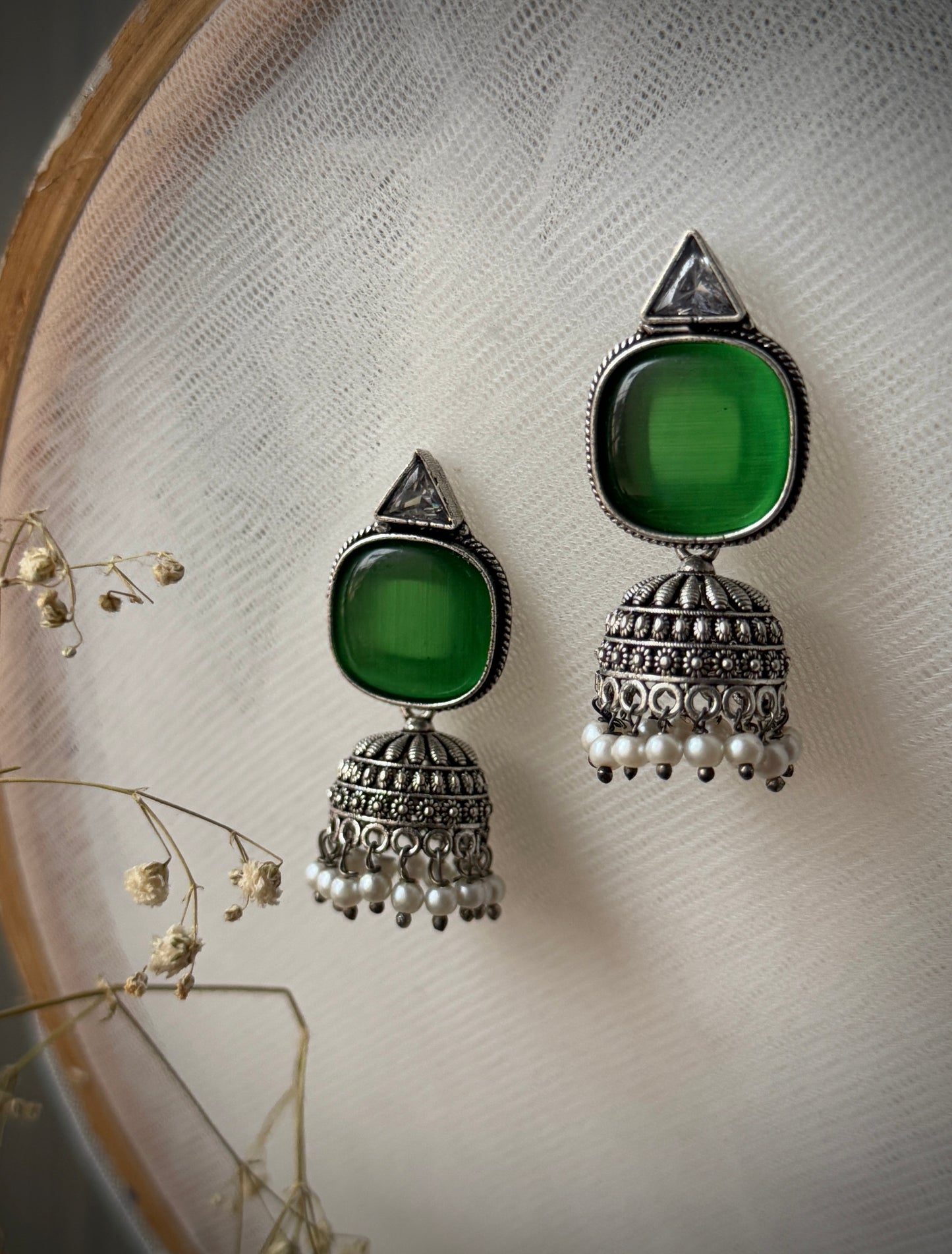 Silver-Plated Oxidised Jhumka with Artificial Stones & Beads
