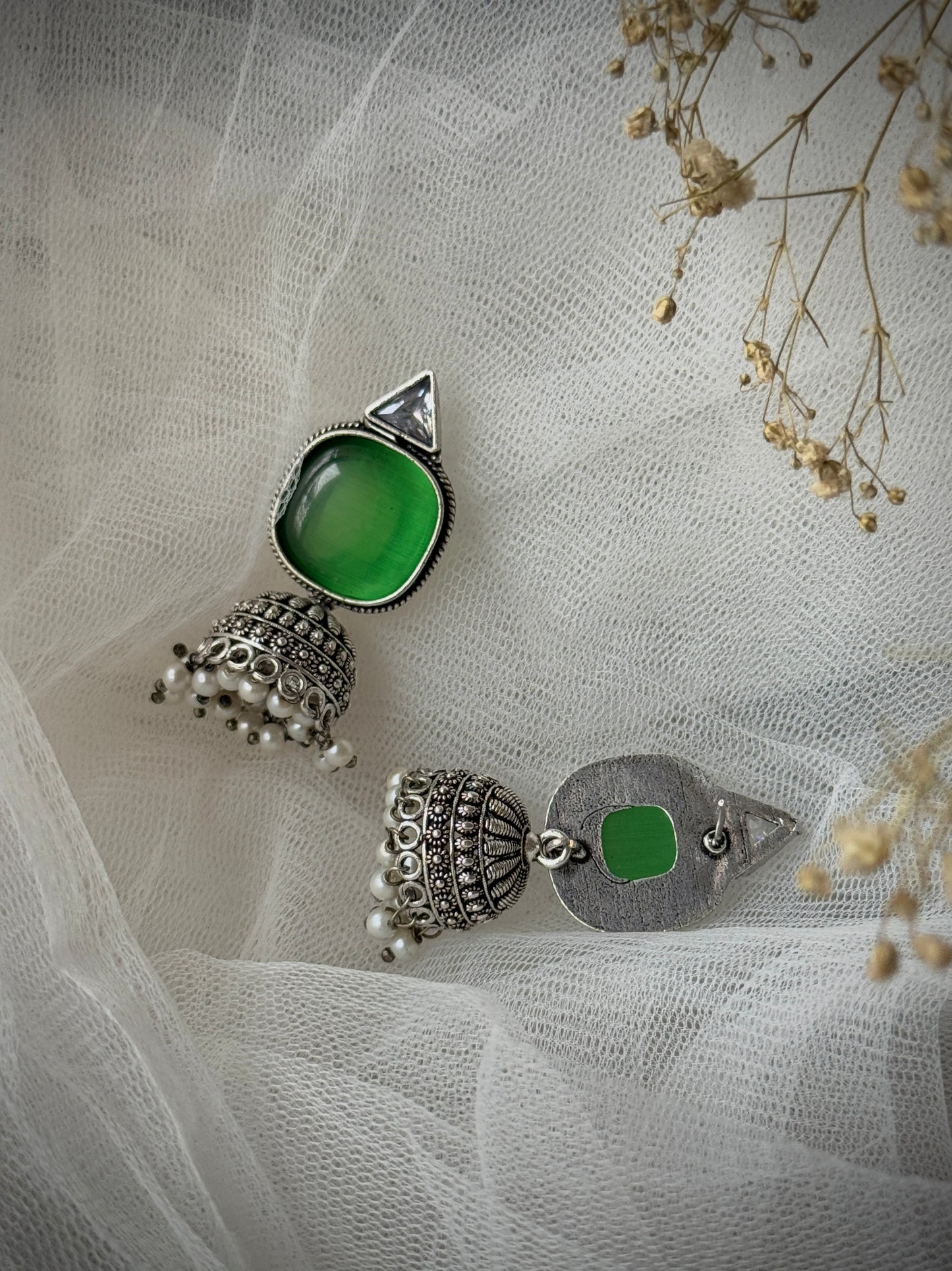 Silver-Plated Oxidised Jhumka with Artificial Stones & Beads
