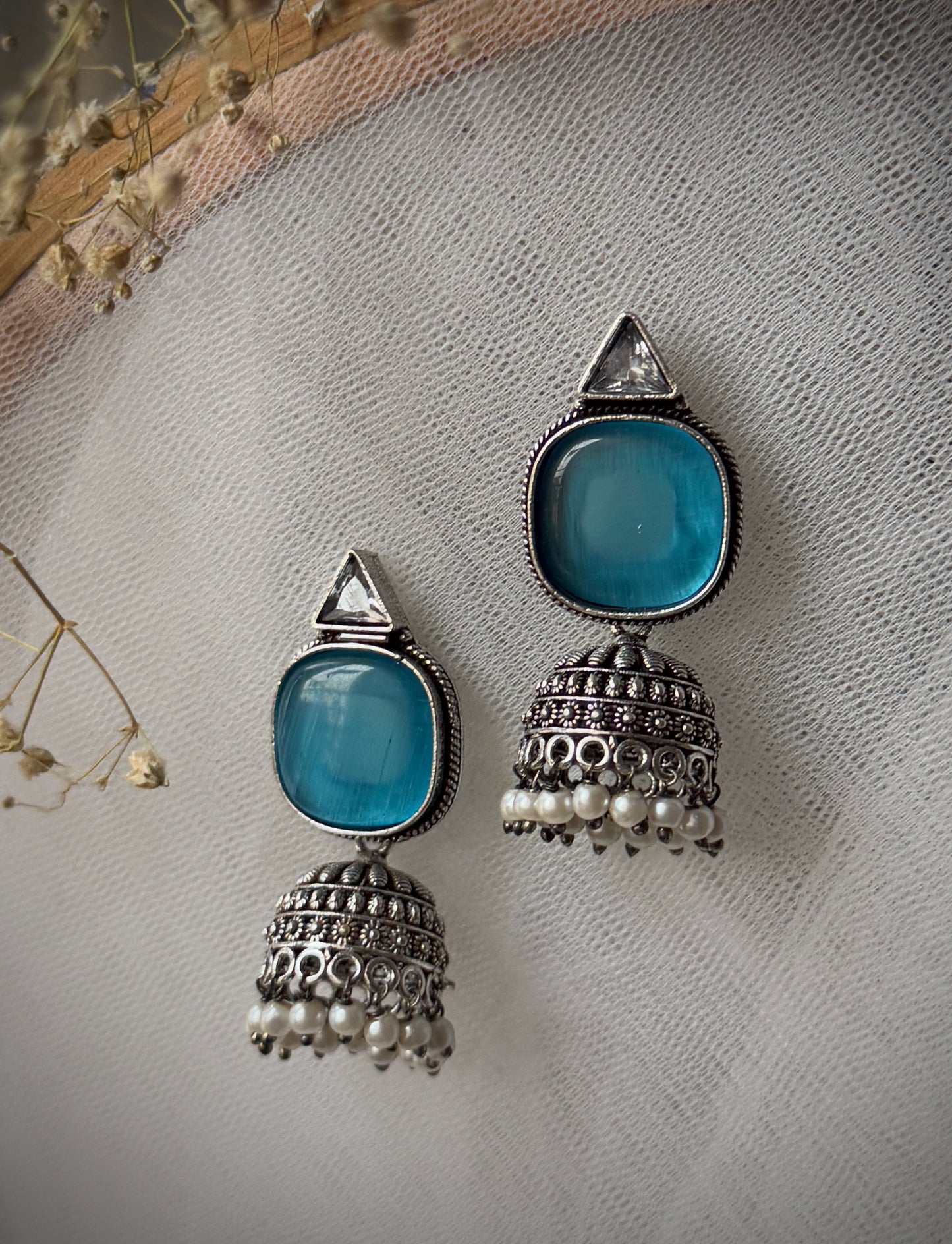 Silver-Plated Oxidised Jhumka with Artificial Stones & Beads